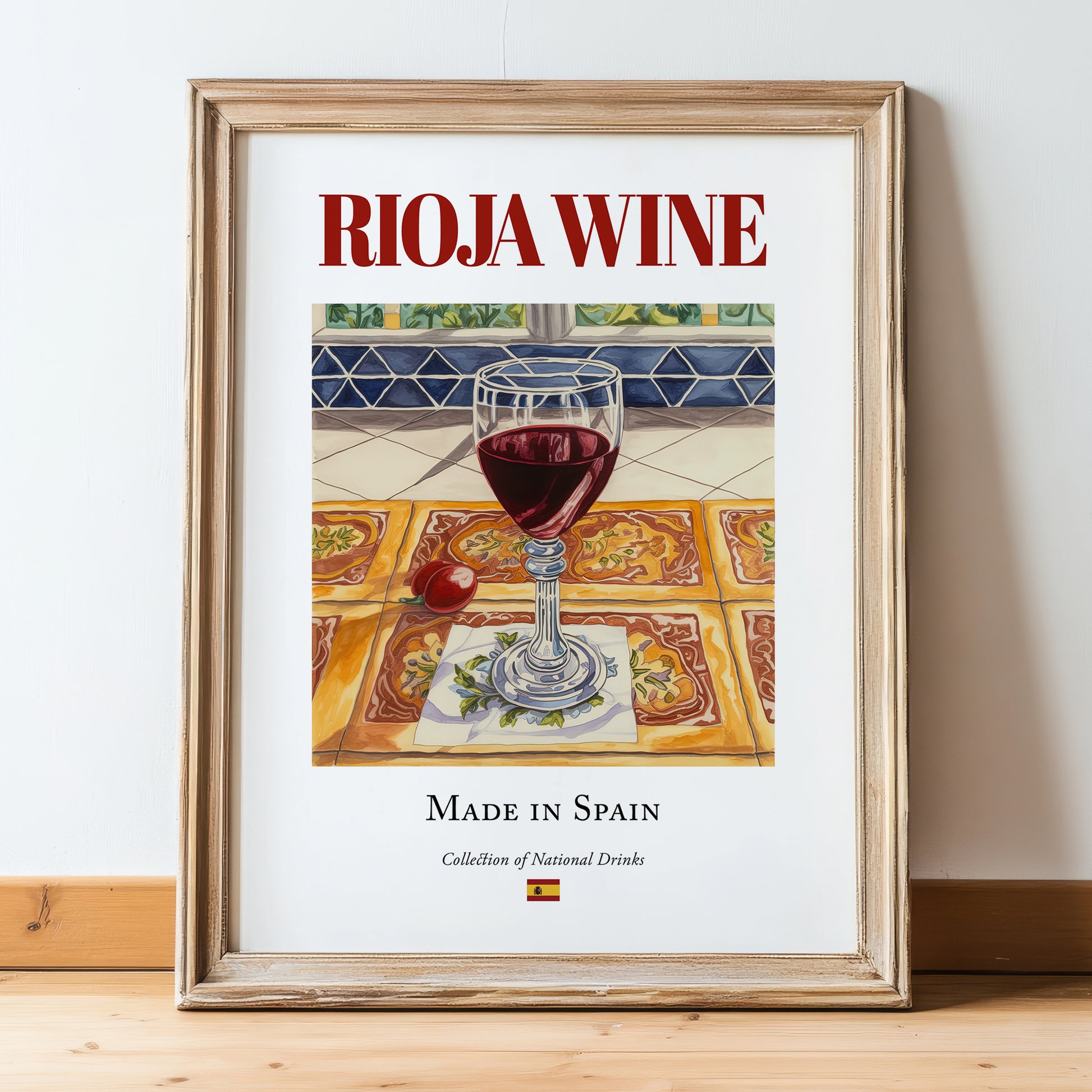 Rioja wine – Spanish Red Wine, Tasting Room Poster, in wooden frame leaning on the floor