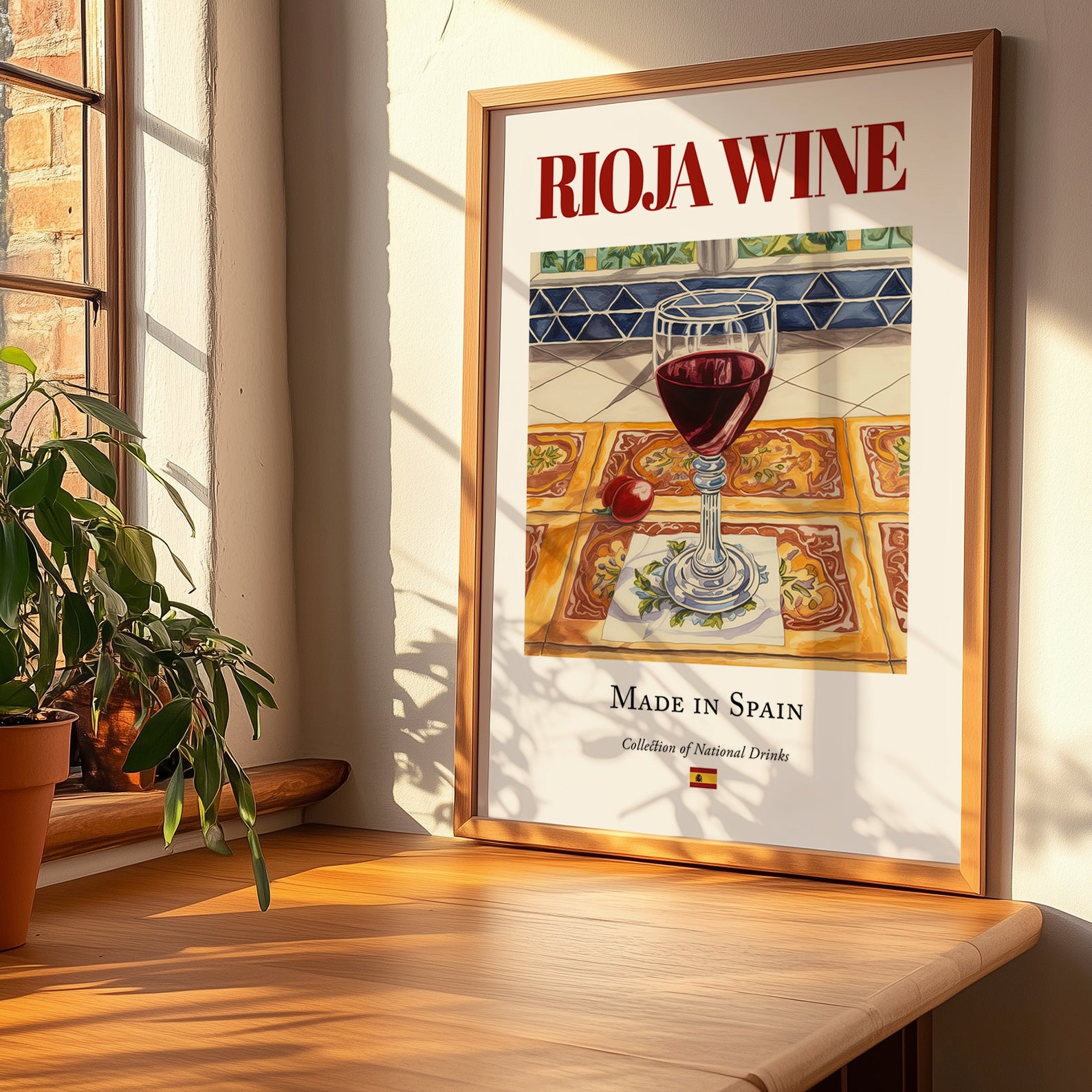 Rioja wine – Spanish Red Wine, Tasting Room Poster, no-text version framed in wood