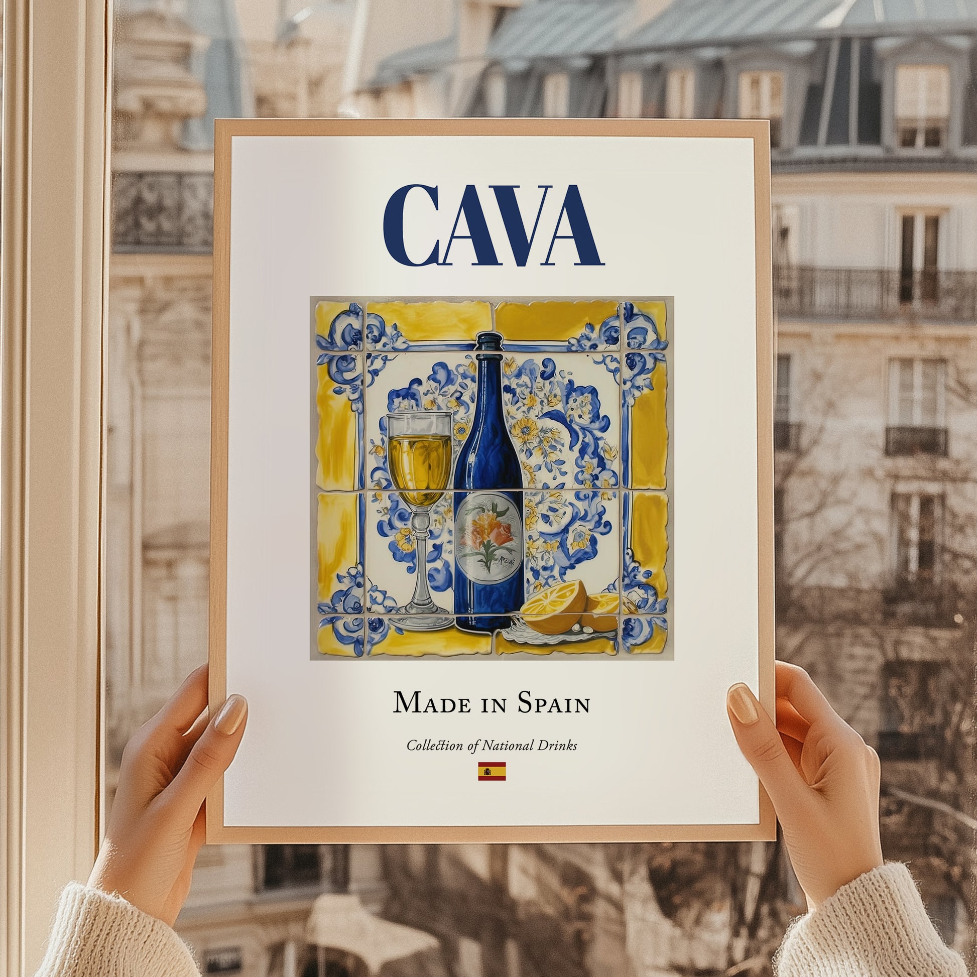 Cava – Spanish Sparkling Wine, Wine Bar Print, styled in a charming Paris street view