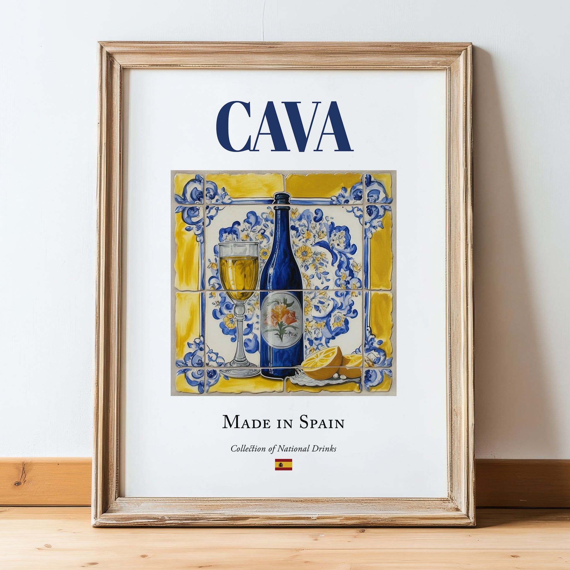 Cava – Spanish Sparkling Wine, Wine Bar Print, in wooden frame leaning on the floor