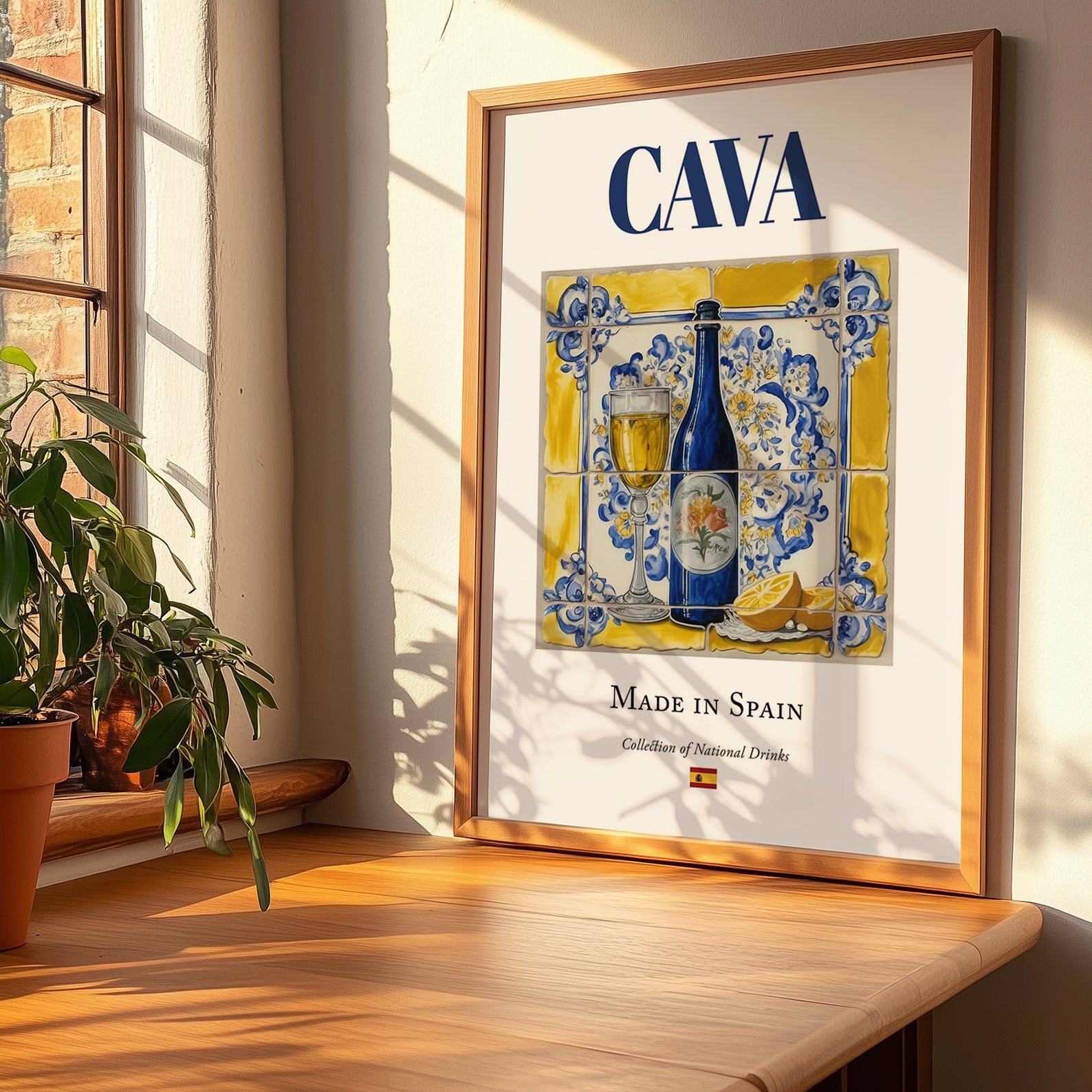 Cava – Spanish Sparkling Wine, Wine Bar Print, no-text version framed in wood