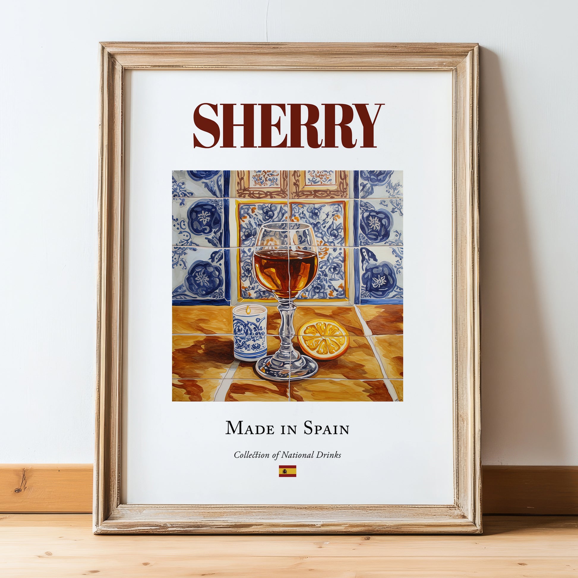 Sherry – Spanish Dessert Wine, Vinoteca Illustration, in wooden frame leaning on the floor