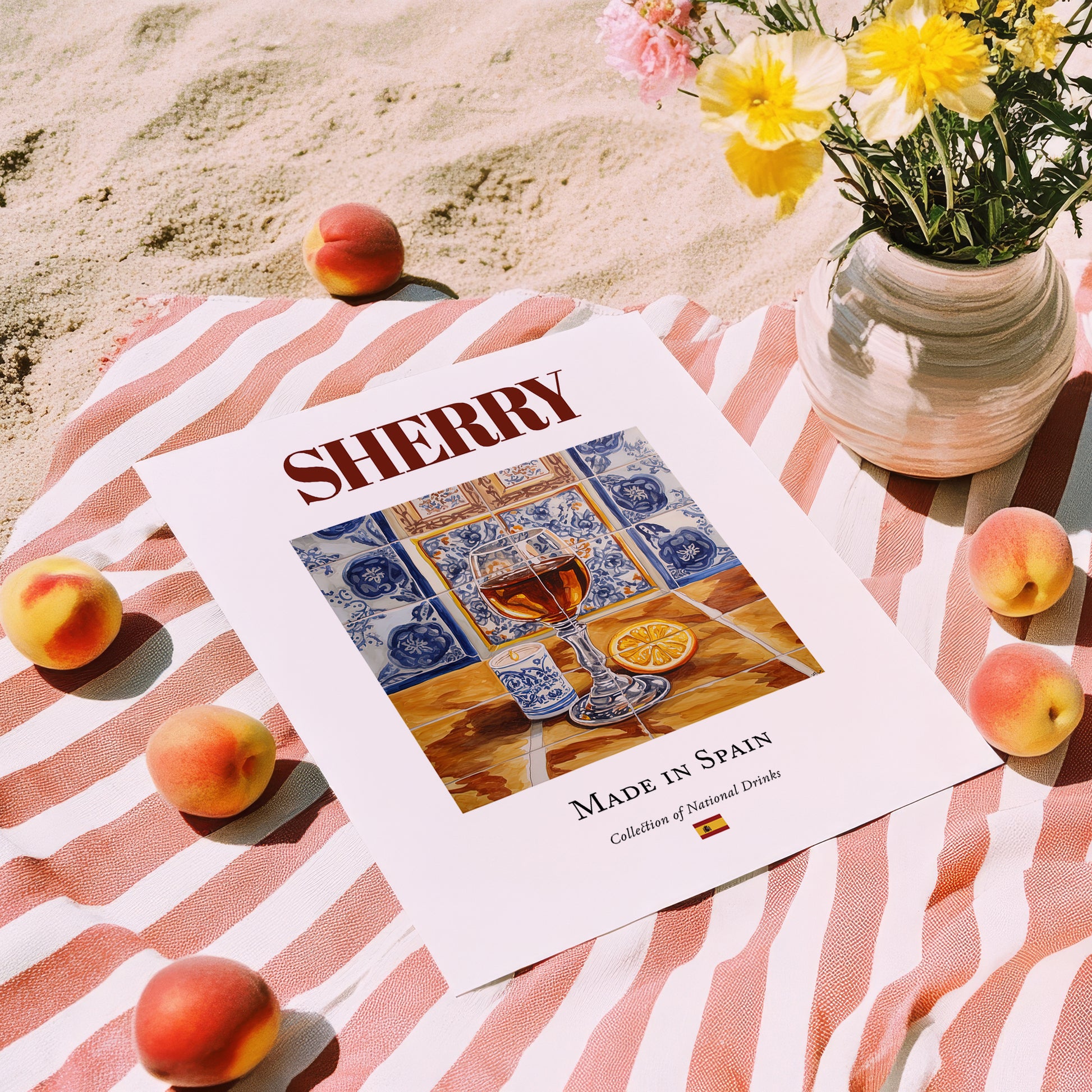 Sherry – Spanish Dessert Wine, Vinoteca Illustration, unframed on coastal sand
