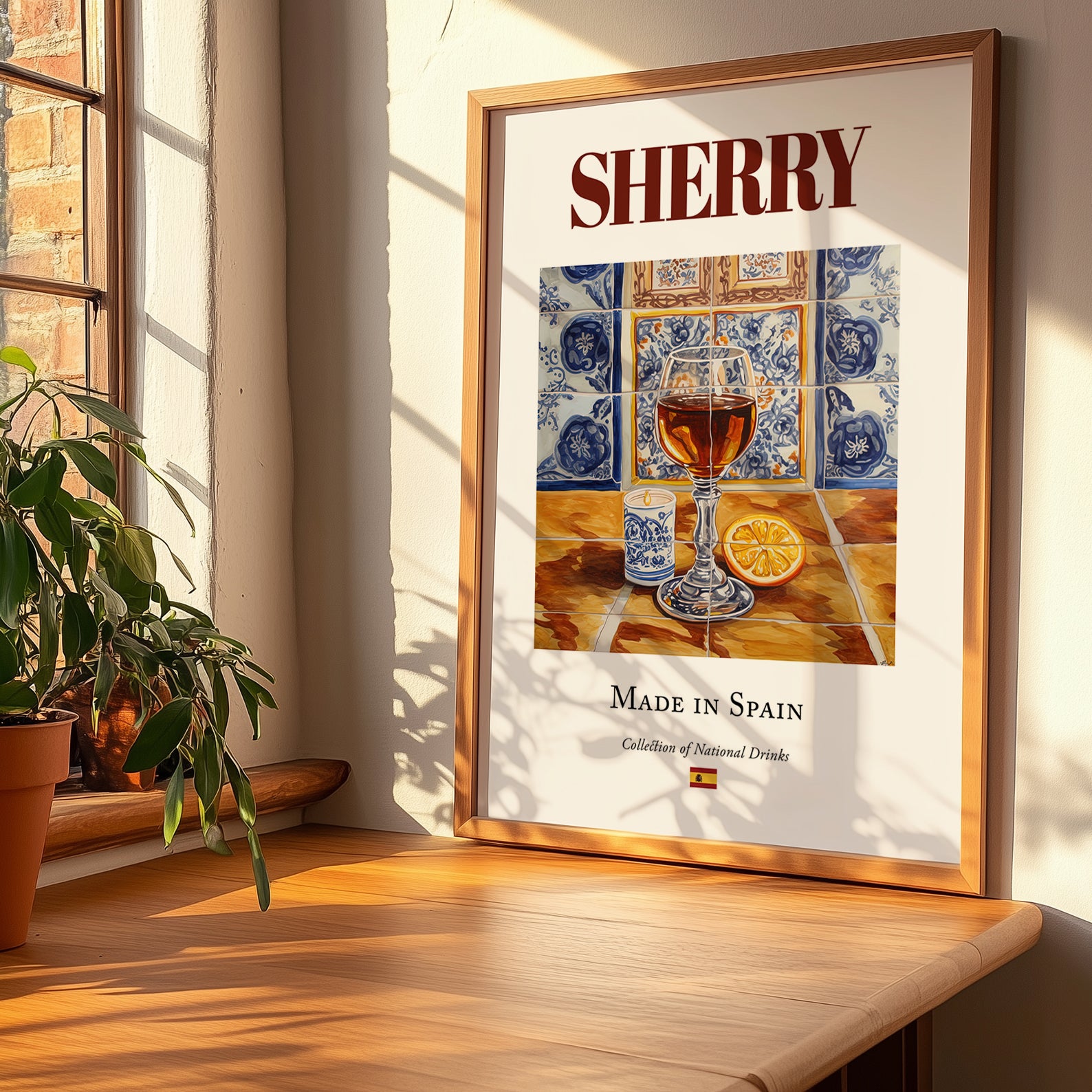 Sherry – Spanish Dessert Wine, Vinoteca Illustration, no-text version framed in wood