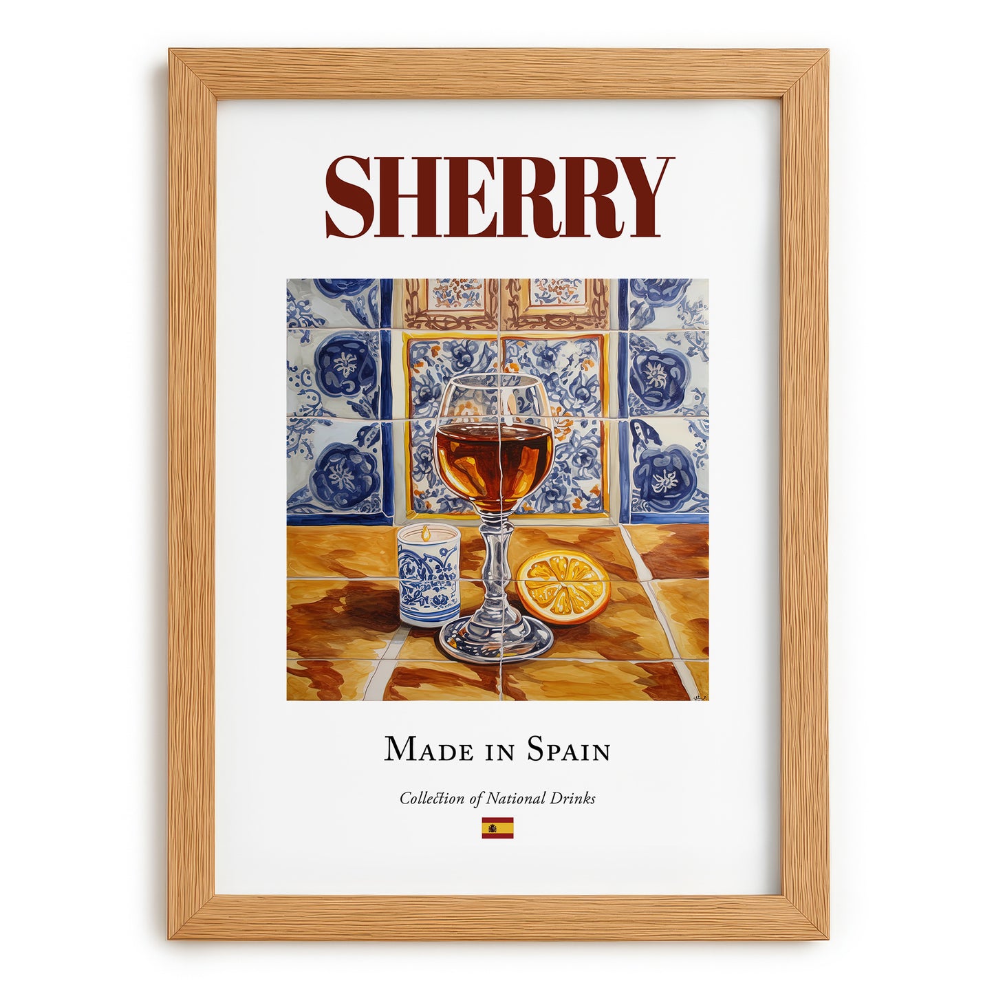 Sherry – Spanish Dessert Wine, Vinoteca Illustration, set in oak frame