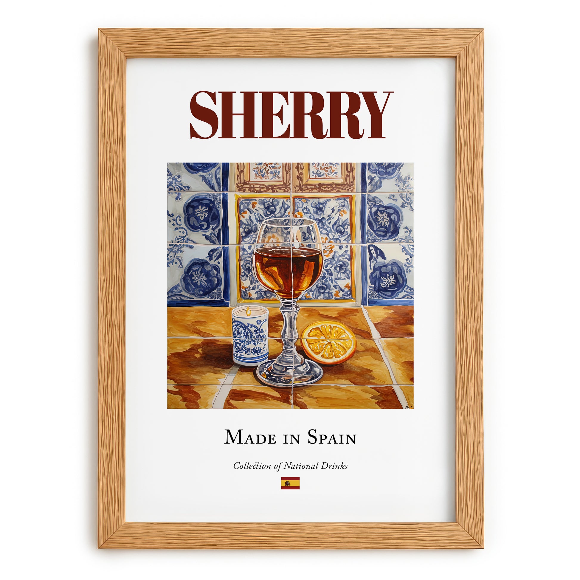 Sherry – Spanish Dessert Wine, Vinoteca Illustration, set in oak frame