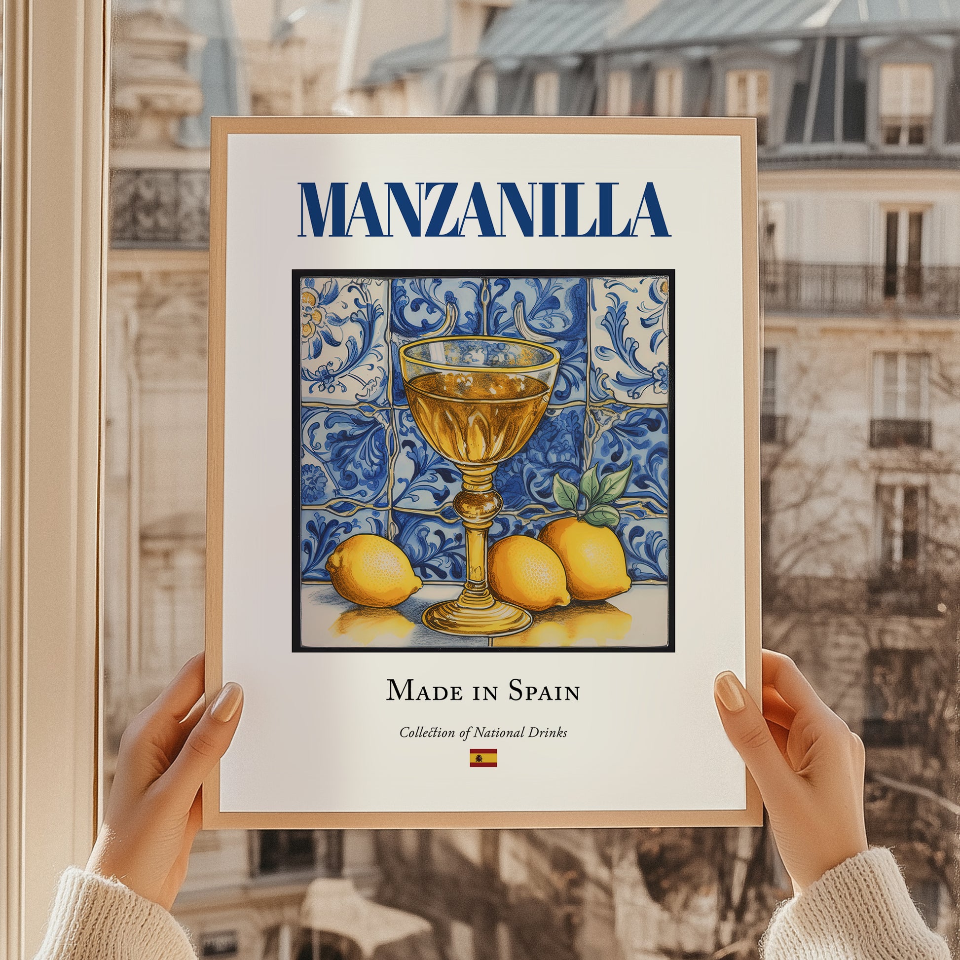 Manzanilla – Spanish Dessert Wine, Wine Bar Illustration, styled in a charming Paris street view