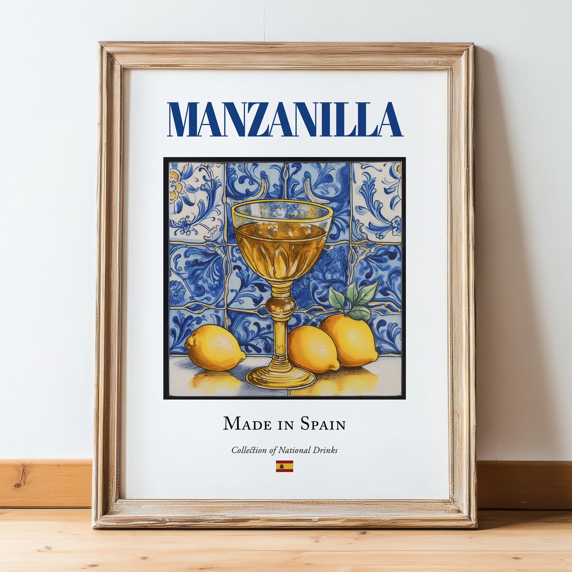 Manzanilla – Spanish Dessert Wine, Wine Bar Illustration, in wooden frame leaning on the floor