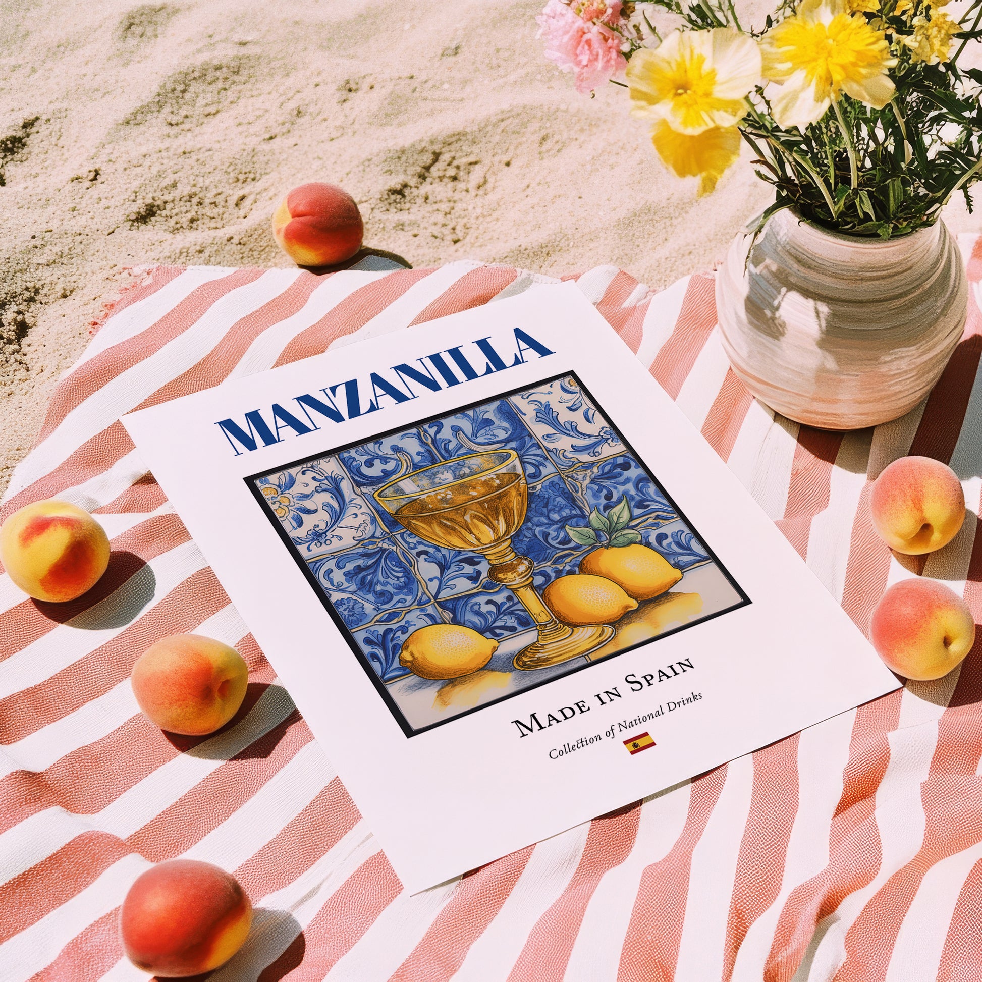 Manzanilla – Spanish Dessert Wine, Wine Bar Illustration, unframed on coastal sand