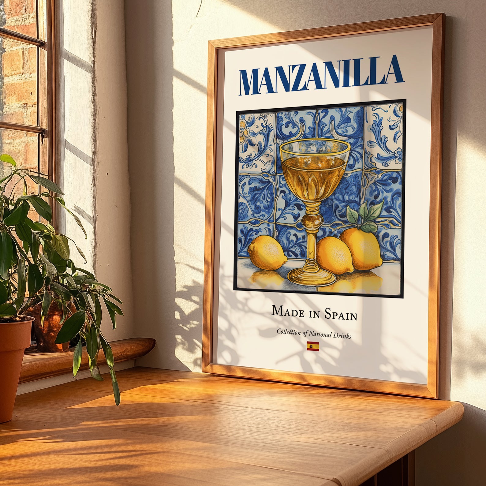Manzanilla – Spanish Dessert Wine, Wine Bar Illustration, no-text version framed in wood