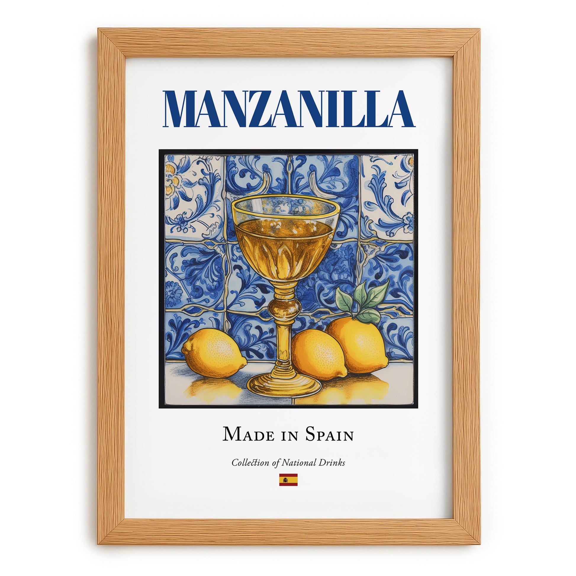 Manzanilla – Spanish Dessert Wine, Wine Bar Illustration, set in oak frame