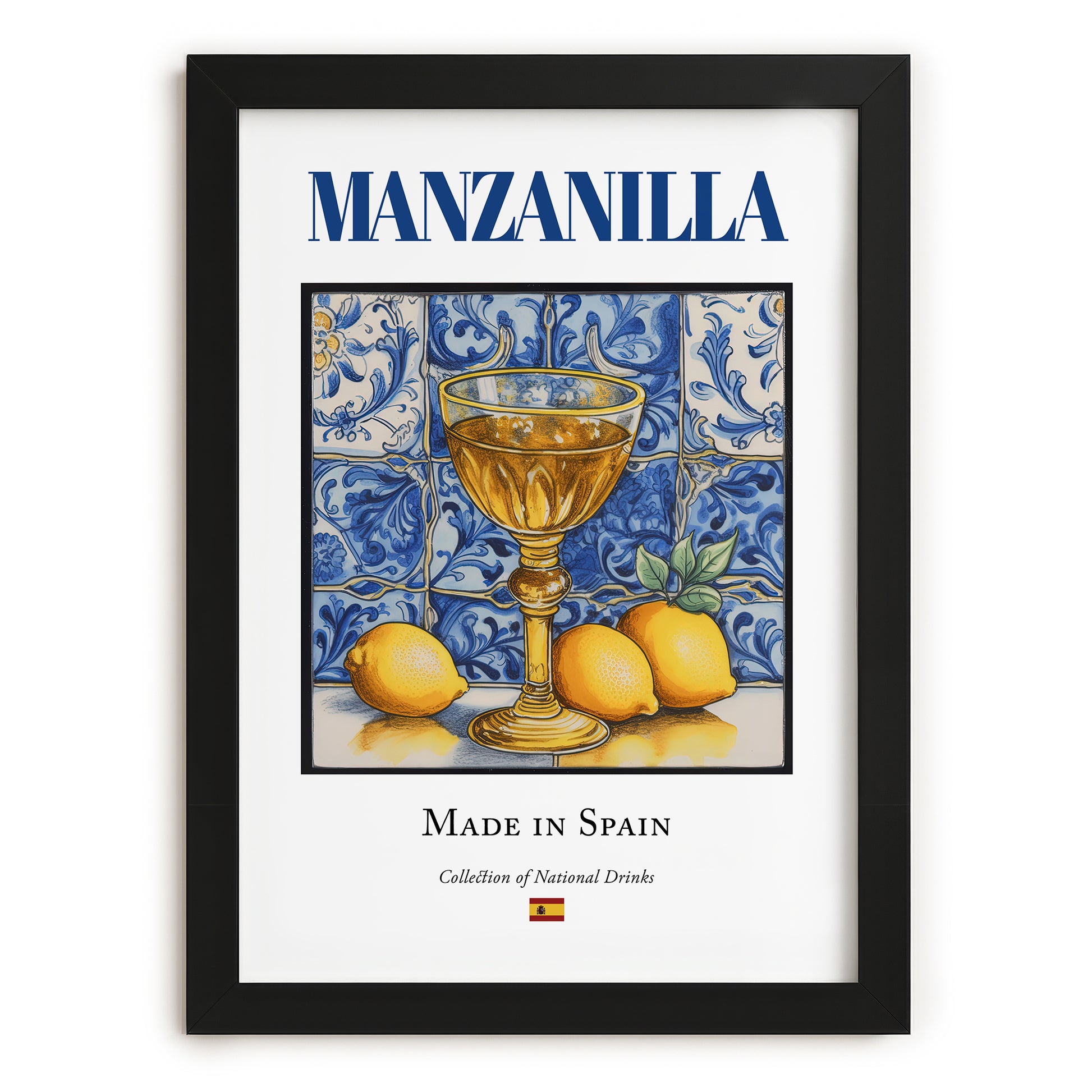 Manzanilla – Spanish Dessert Wine, Wine Bar Illustration, in sleek black frame
