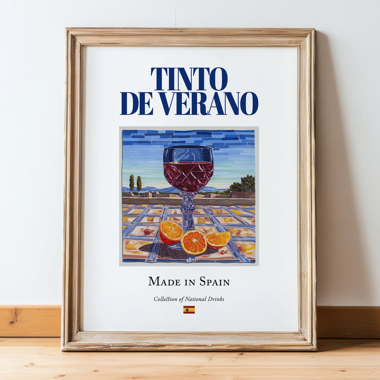 Tinto de Verano – Spanish Beverage Drink, Sky Bar Print, in wooden frame leaning on the floor