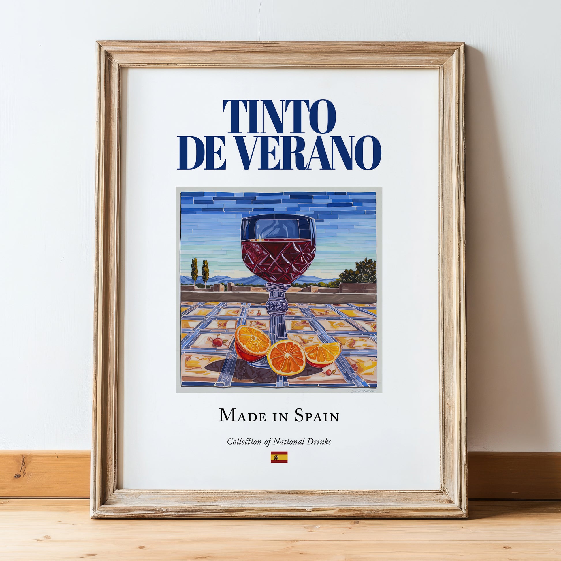 Tinto de Verano – Spanish Beverage Drink, Sky Bar Print, in wooden frame leaning on the floor
