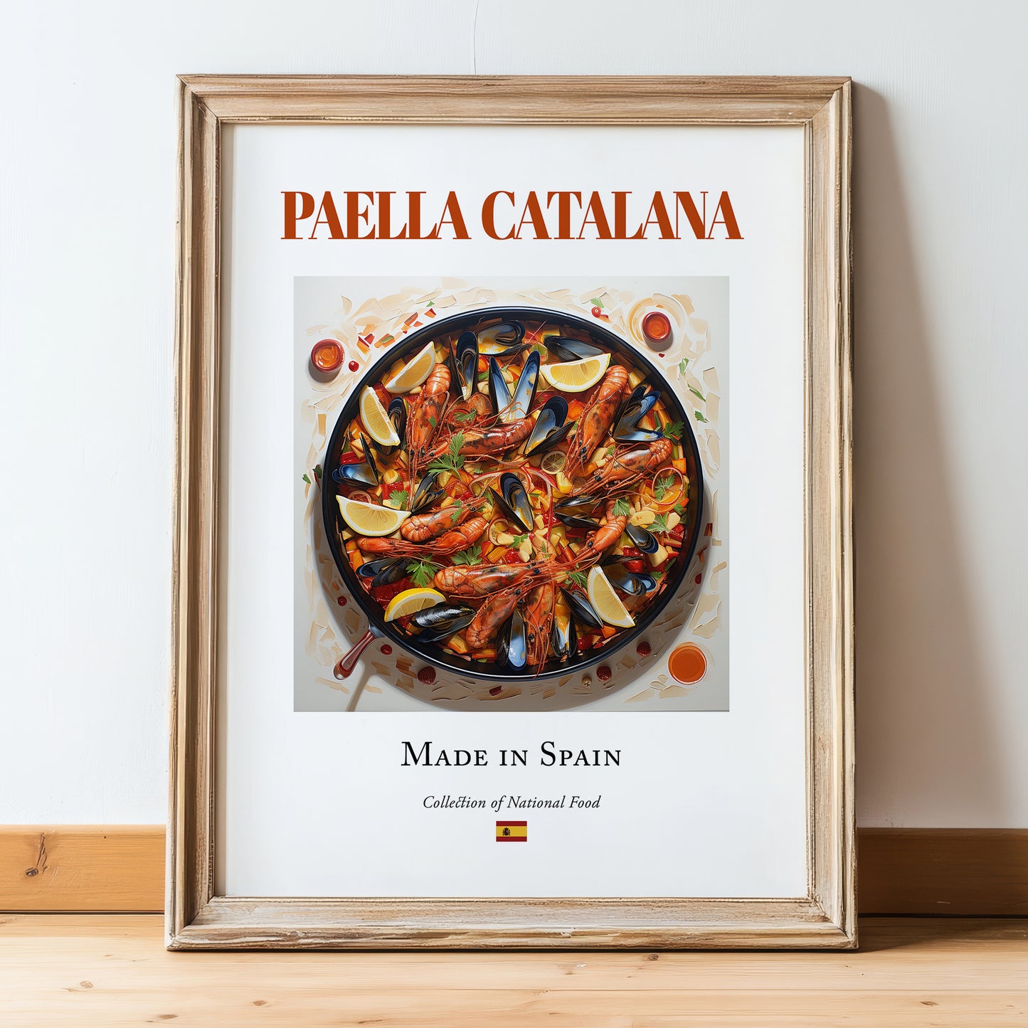 Paella Catalana – Spanish Rice Dish, Farmhouse Kitchen Art, in wooden frame leaning on the floor