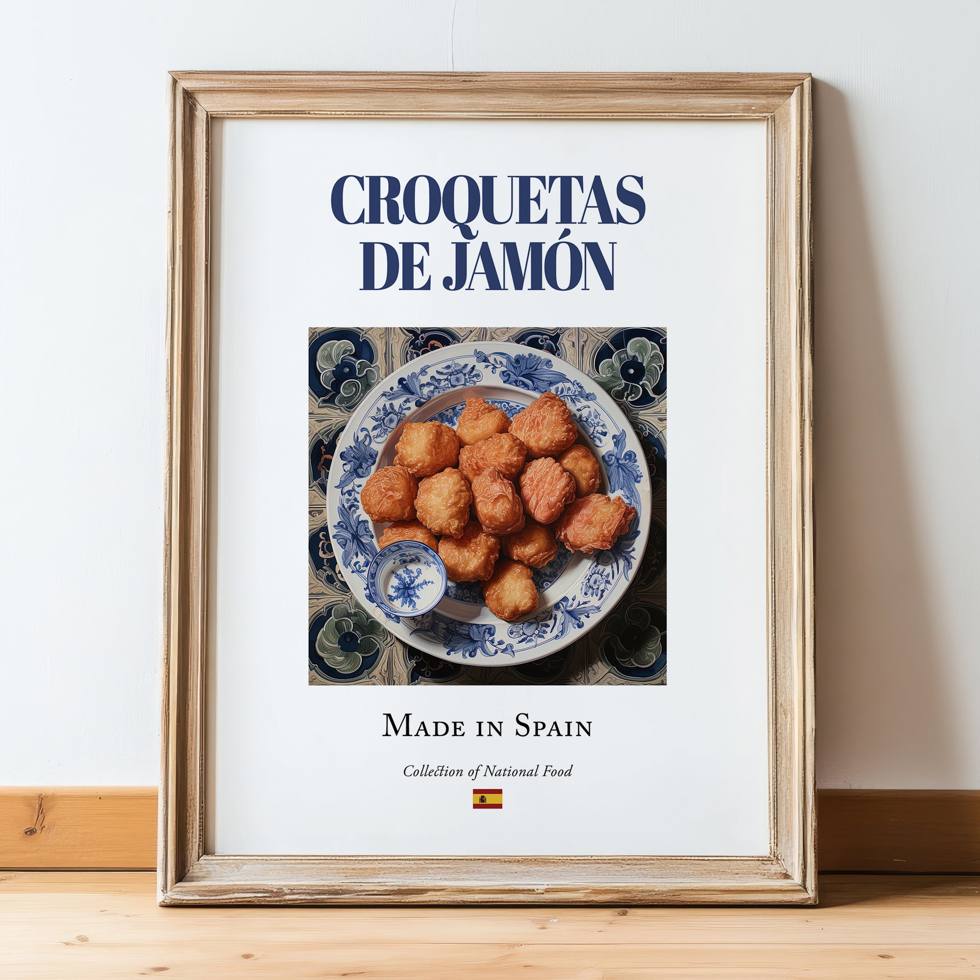 Croquetas de Jamón – Spanish Snack Dish, Tavern Illustration, in wooden frame leaning on the floor