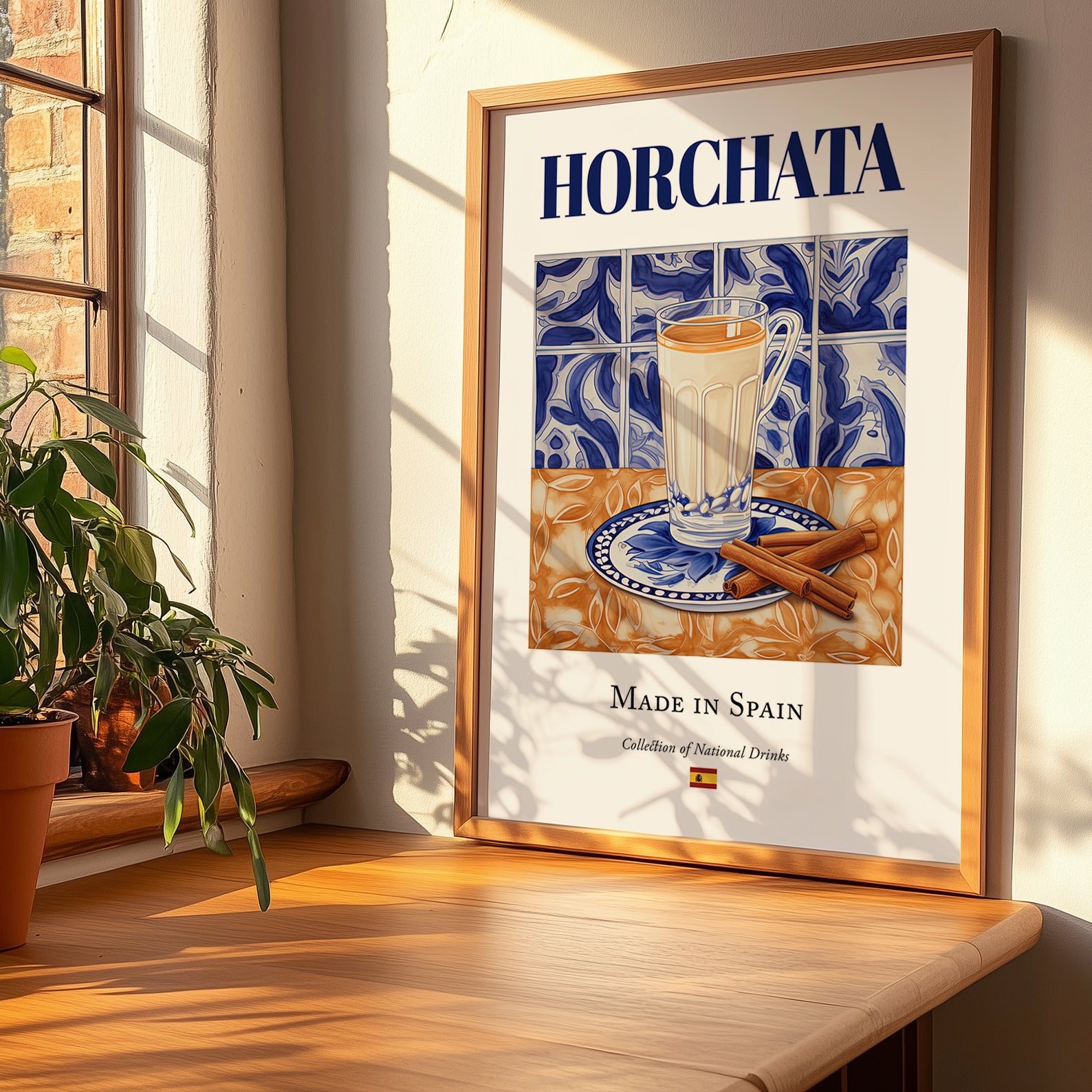 Horchata – Spanish Beverage Drink, Hotel Lobby Still Life, no-text version framed in wood