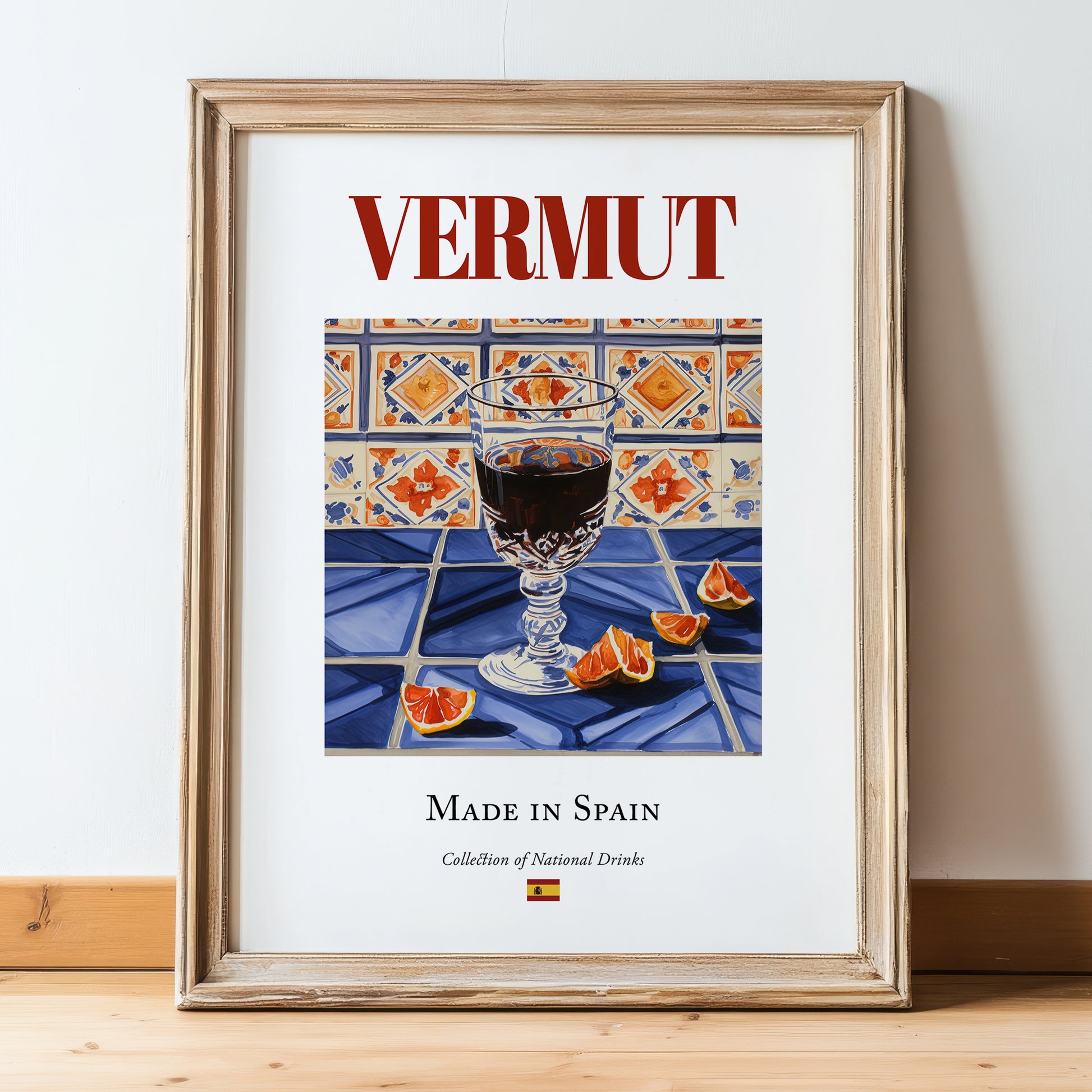Vermut – Spanish Beverage Drink, Cocktail Lounge Poster, in wooden frame leaning on the floor