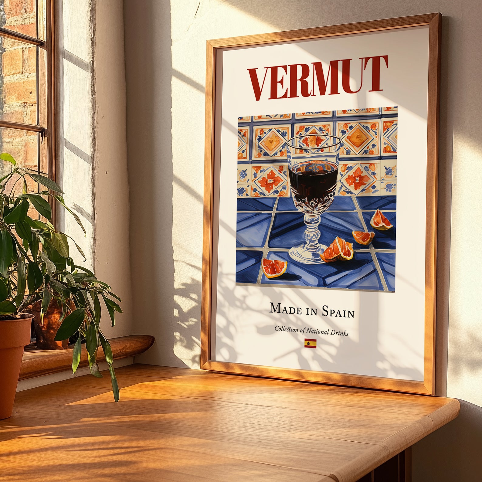 Vermut – Spanish Beverage Drink, Cocktail Lounge Poster, no-text version framed in wood