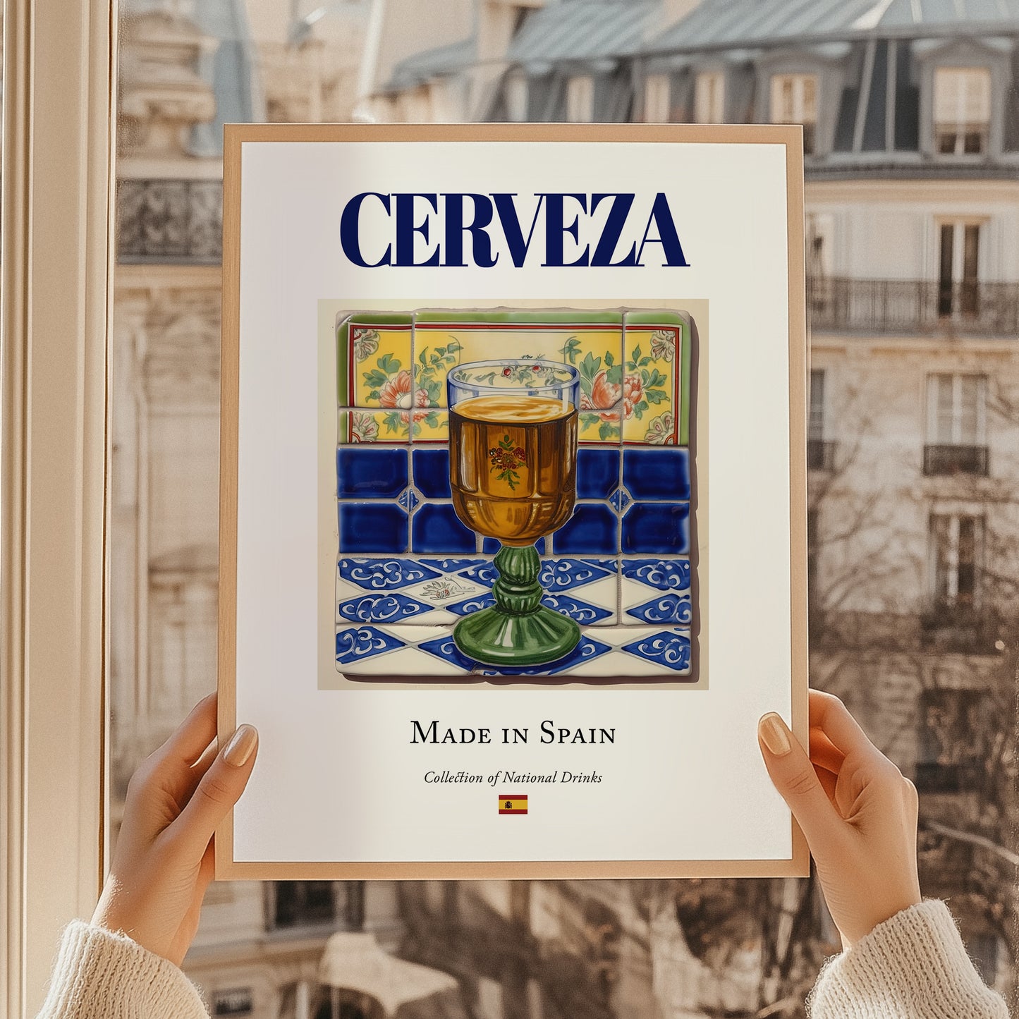 Cerveza – Spanish Beverage Drink, Rooftop Terrace Wall Art, styled in a charming Paris street view