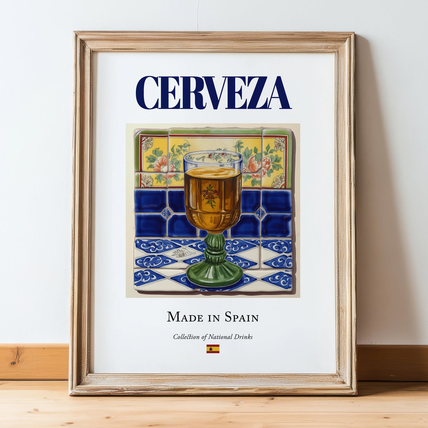 Cerveza – Spanish Beverage Drink, Rooftop Terrace Wall Art, in wooden frame leaning on the floor