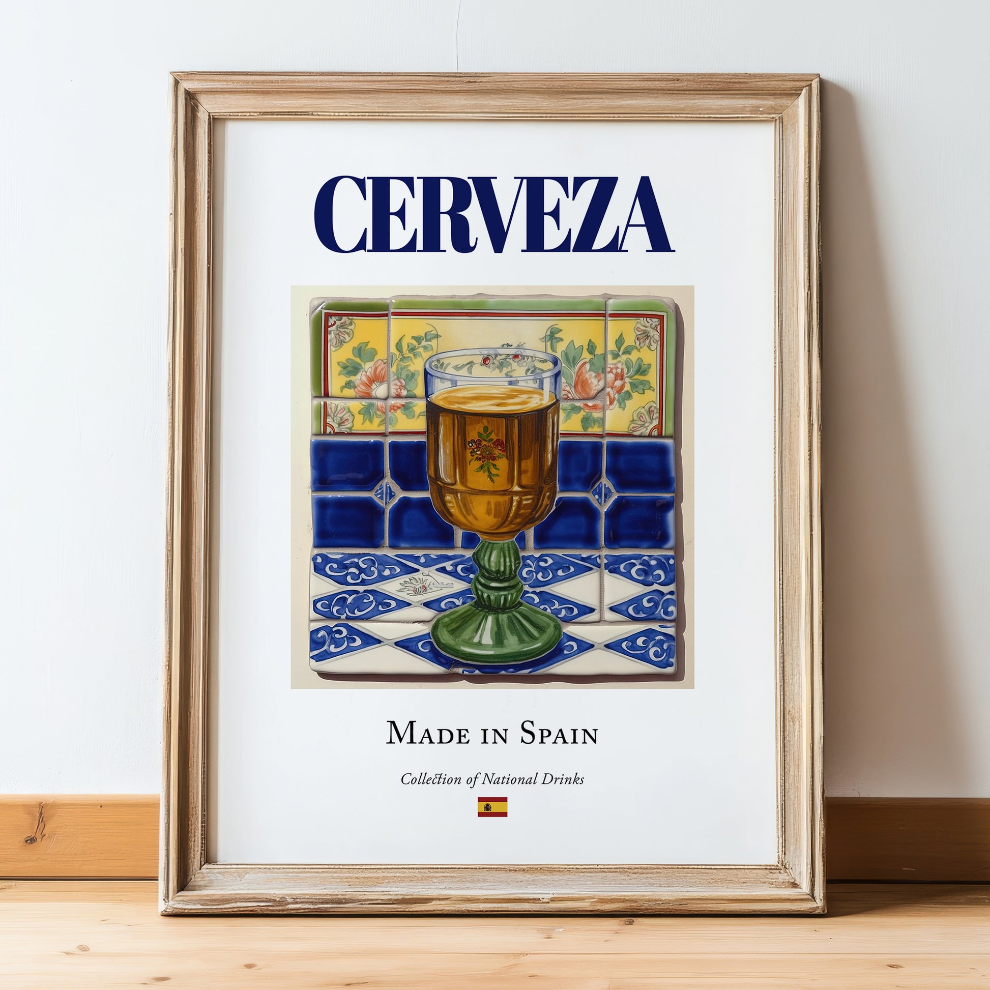 Cerveza – Spanish Beverage Drink, Rooftop Terrace Wall Art, in wooden frame leaning on the floor