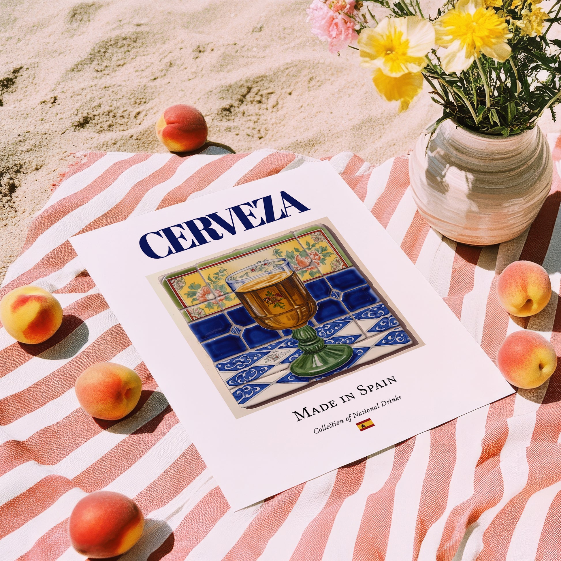 Cerveza – Spanish Beverage Drink, Rooftop Terrace Wall Art, unframed on coastal sand