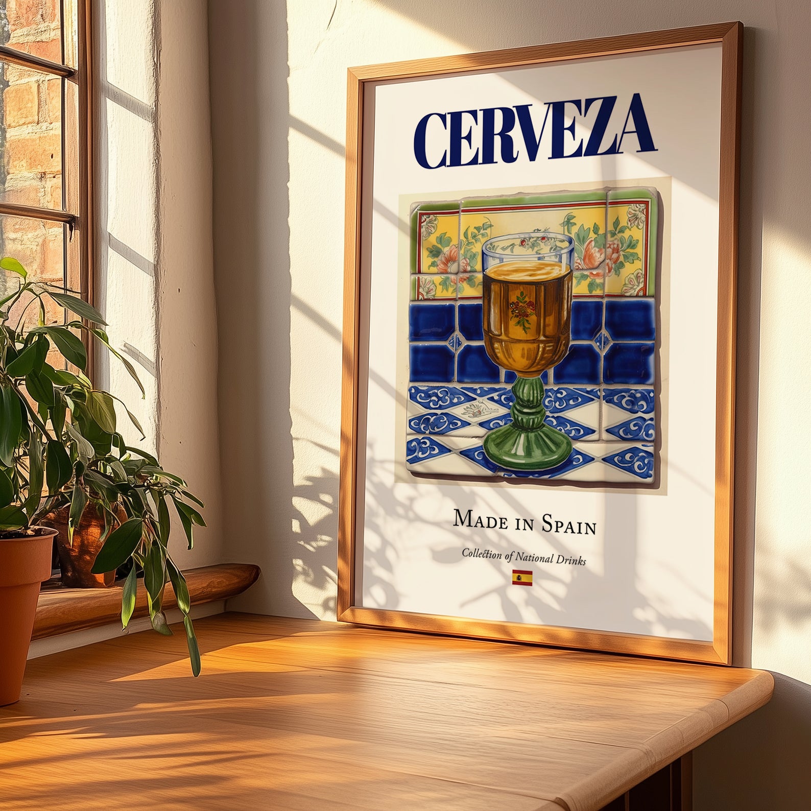 Cerveza – Spanish Beverage Drink, Rooftop Terrace Wall Art, no-text version framed in wood
