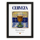 Cerveza – Spanish Beverage Drink, Rooftop Terrace Wall Art, in sleek black frame