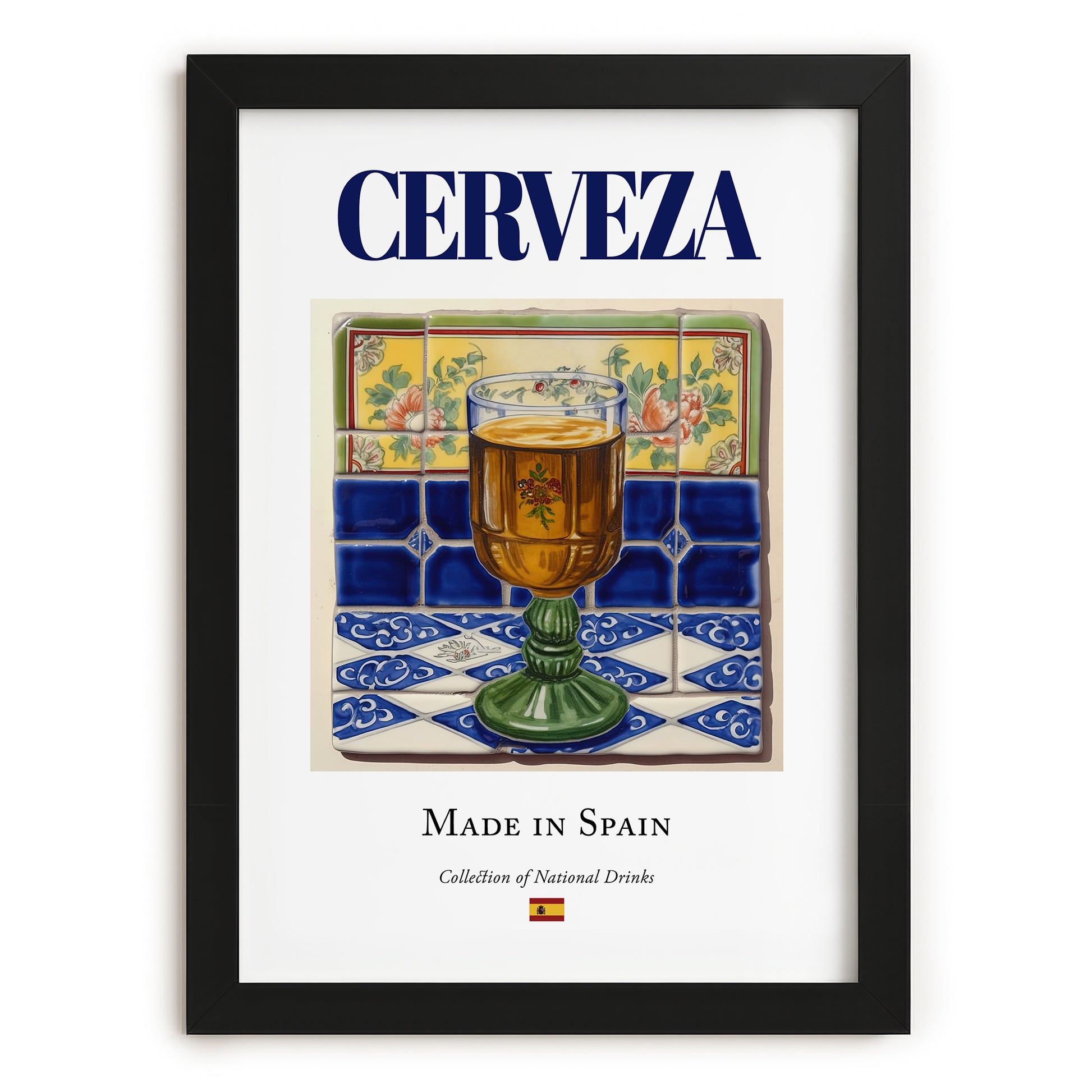 Cerveza – Spanish Beverage Drink, Rooftop Terrace Wall Art, in sleek black frame