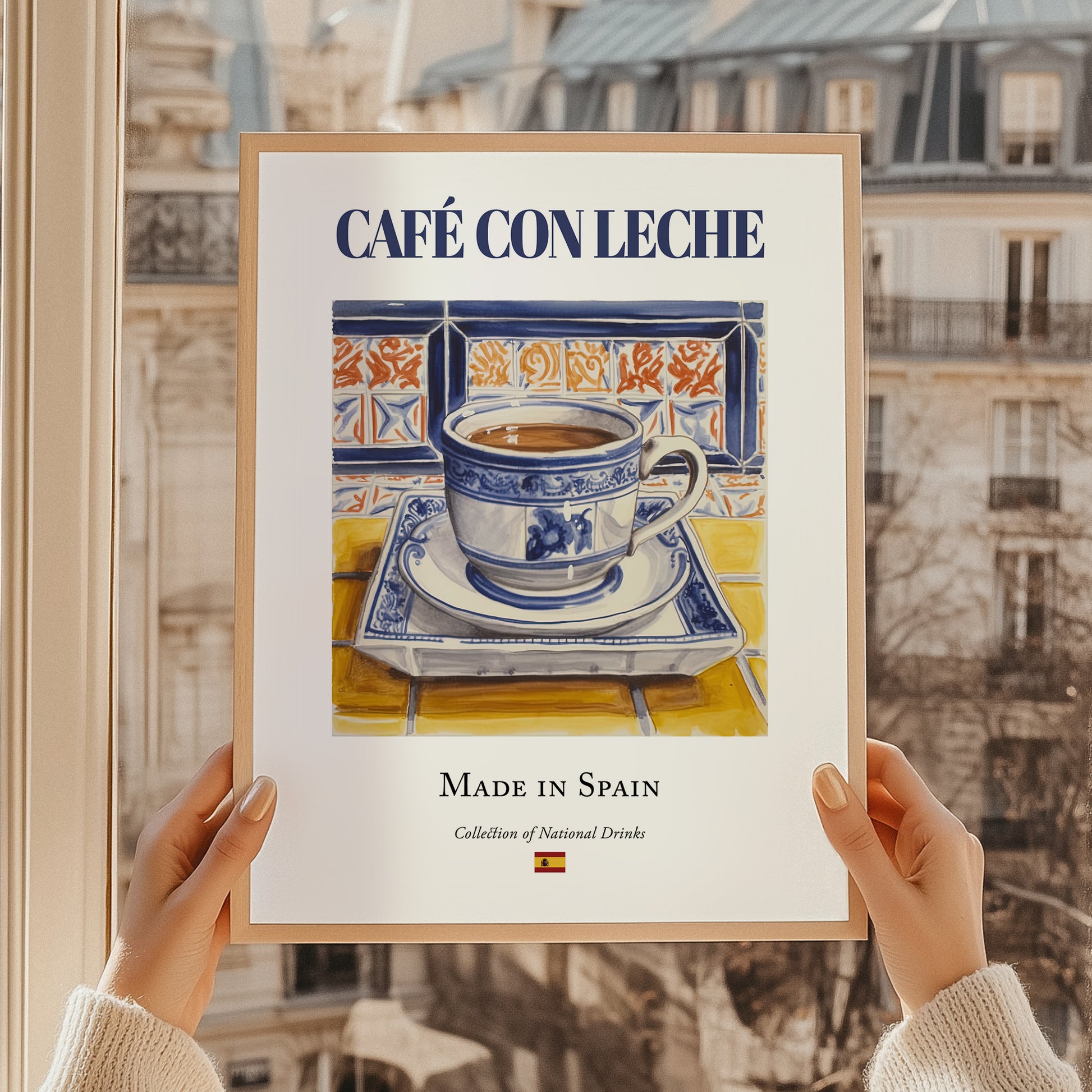 Café con Leche – Spanish Coffee, Street Café Poster, styled in a charming Paris street view