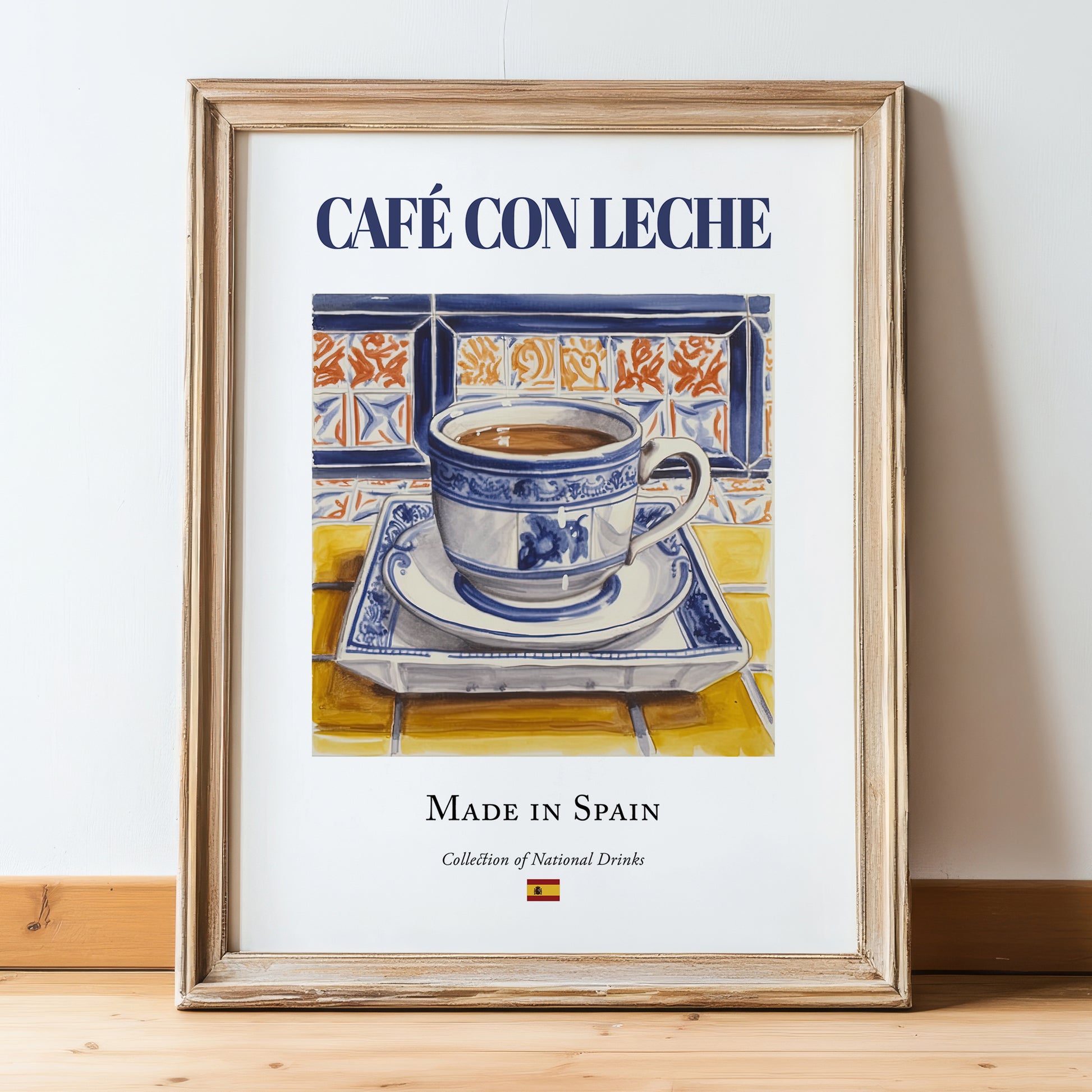 Café con Leche – Spanish Coffee, Street Café Poster, in wooden frame leaning on the floor