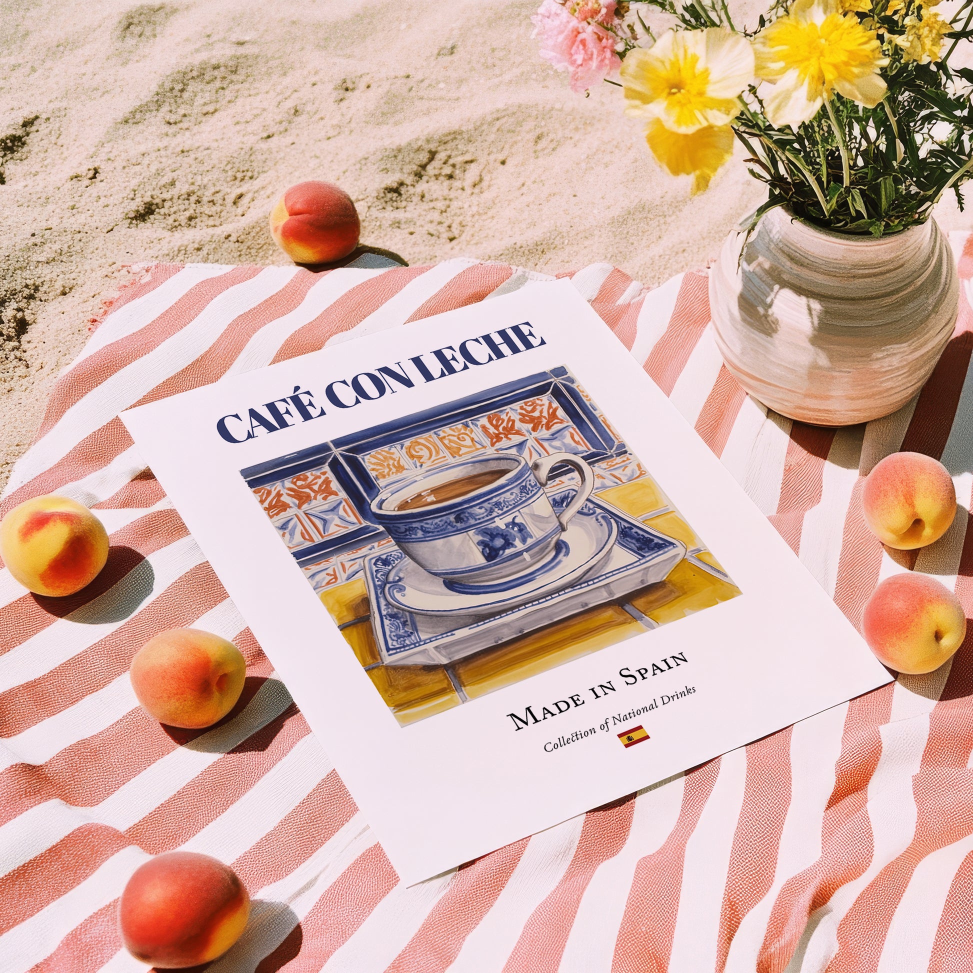 Café con Leche – Spanish Coffee, Street Café Poster, unframed on coastal sand
