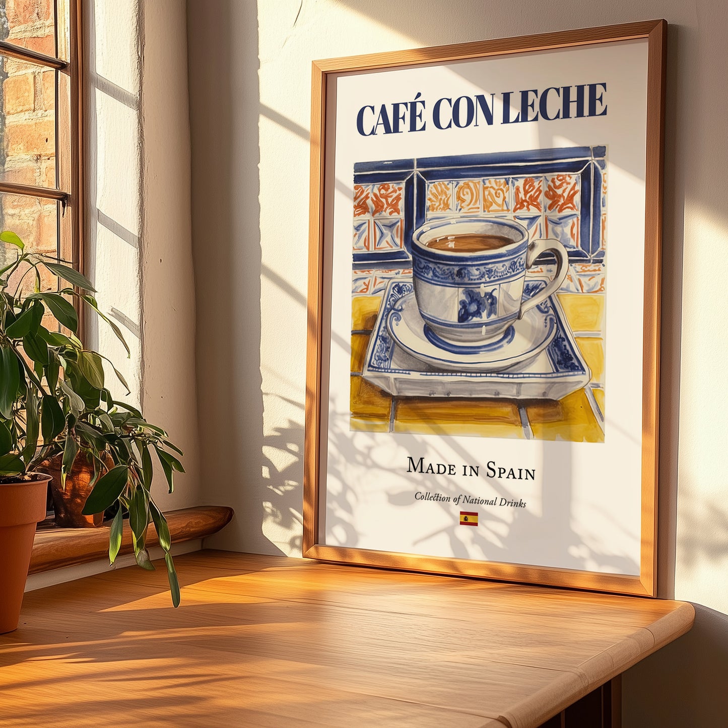 Café con Leche – Spanish Coffee, Street Café Poster, no-text version framed in wood