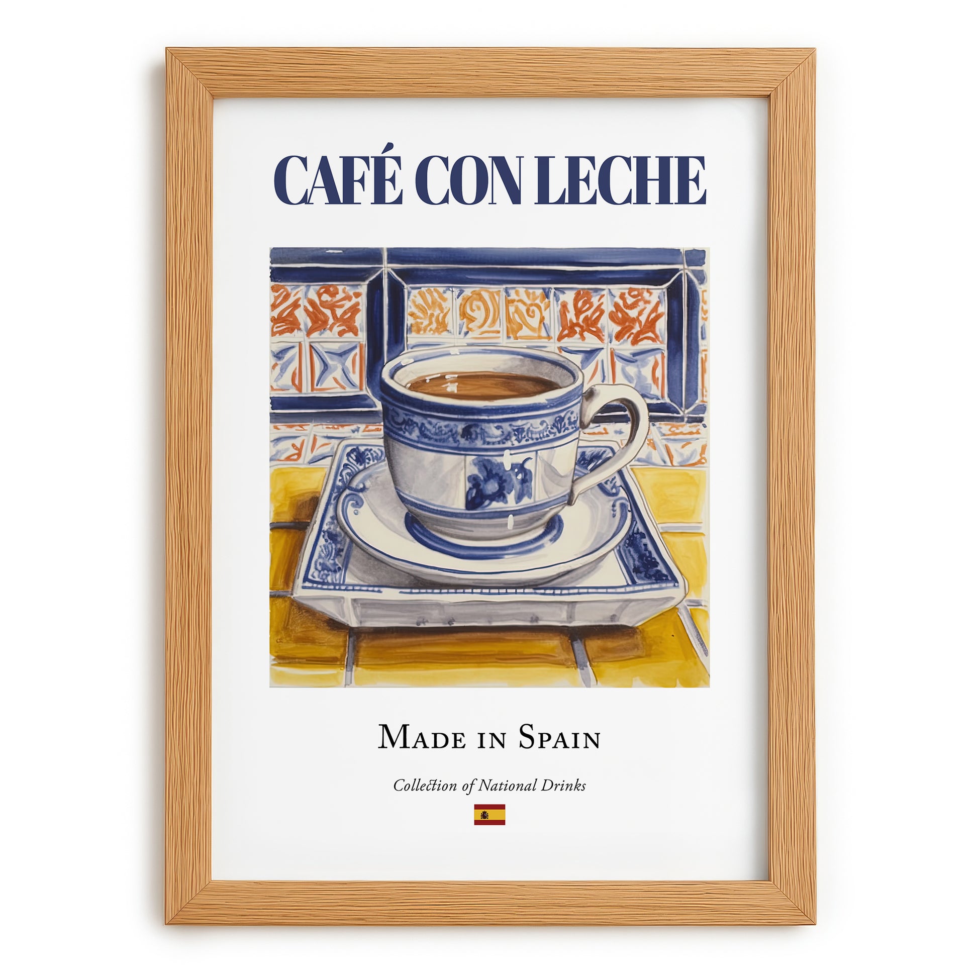 Café con Leche – Spanish Coffee, Street Café Poster, set in oak frame