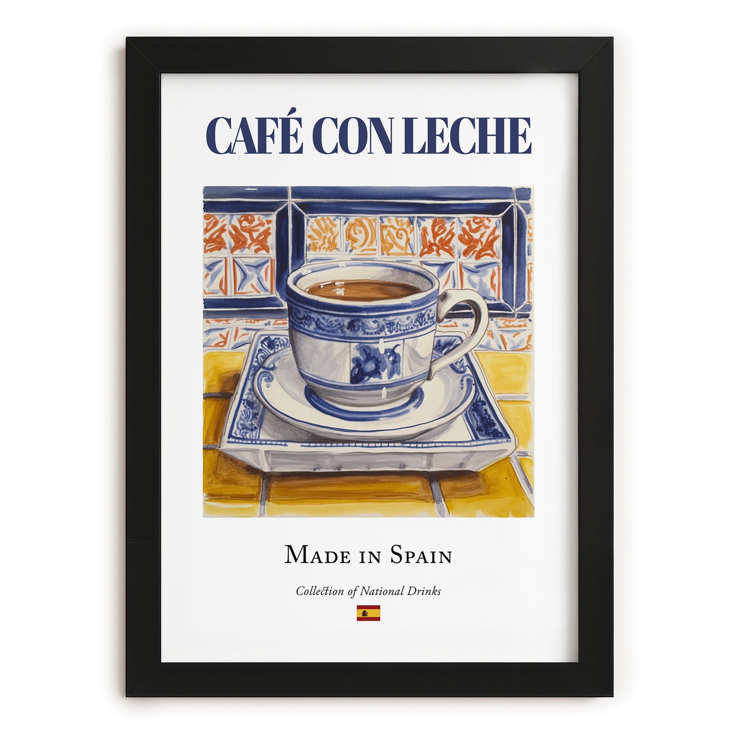 Café con Leche – Spanish Coffee, Street Café Poster, in sleek black frame