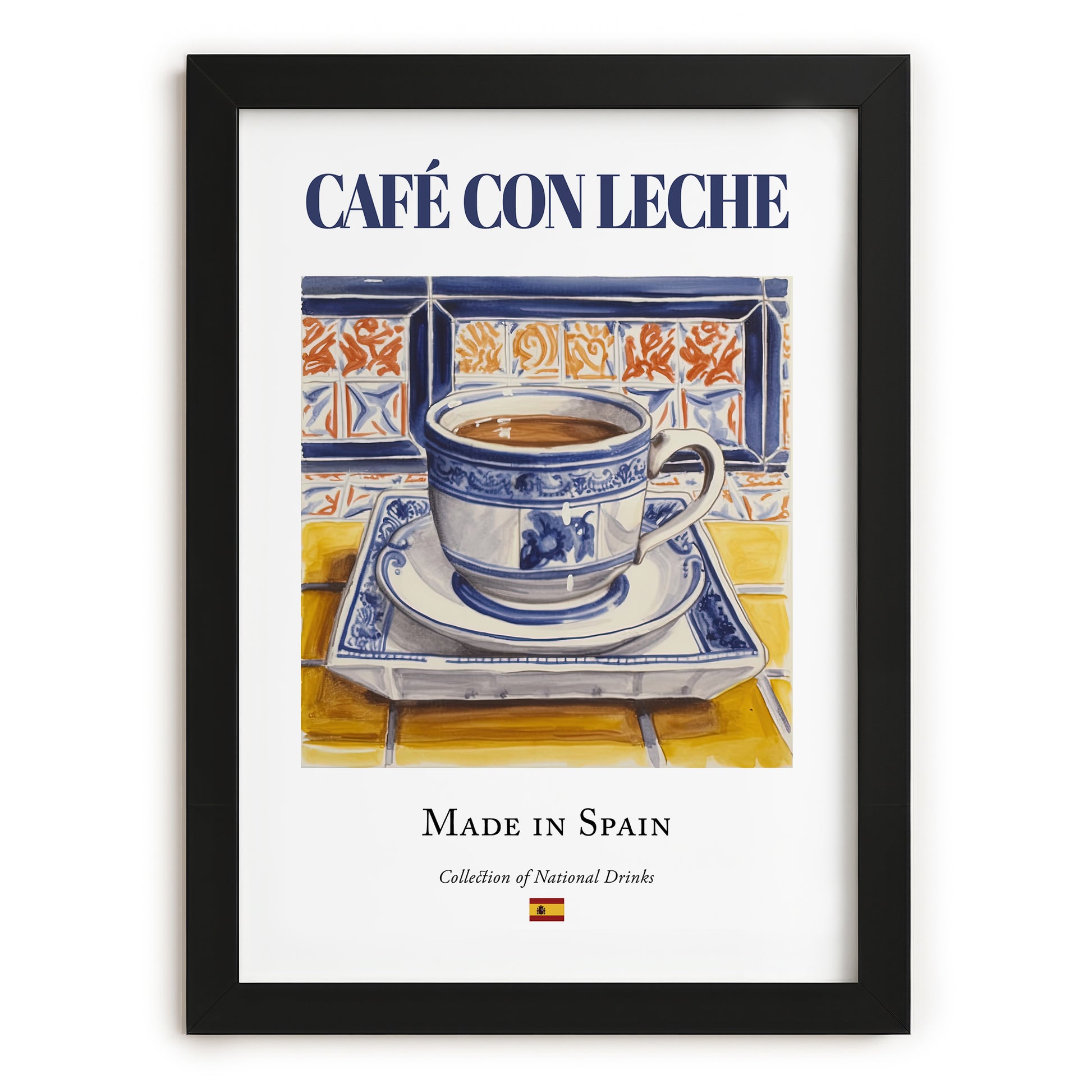 Café con Leche – Spanish Coffee, Street Café Poster, in sleek black frame