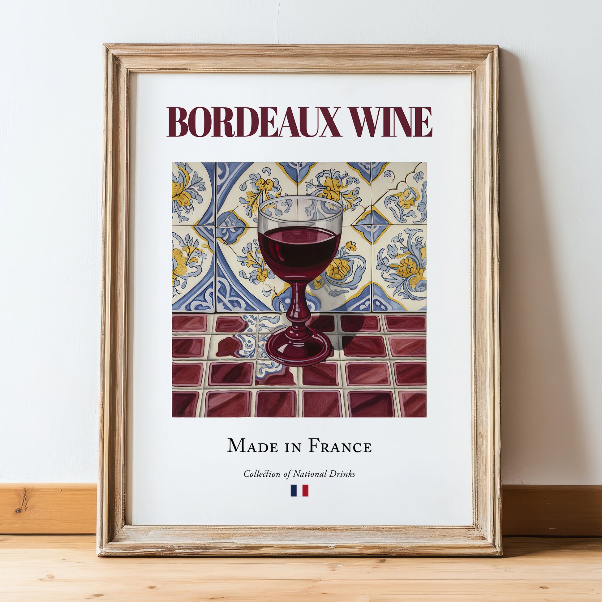 Bordeaux wine – French Red Wine, Wine Bar Wall Art, in wooden frame leaning on the floor