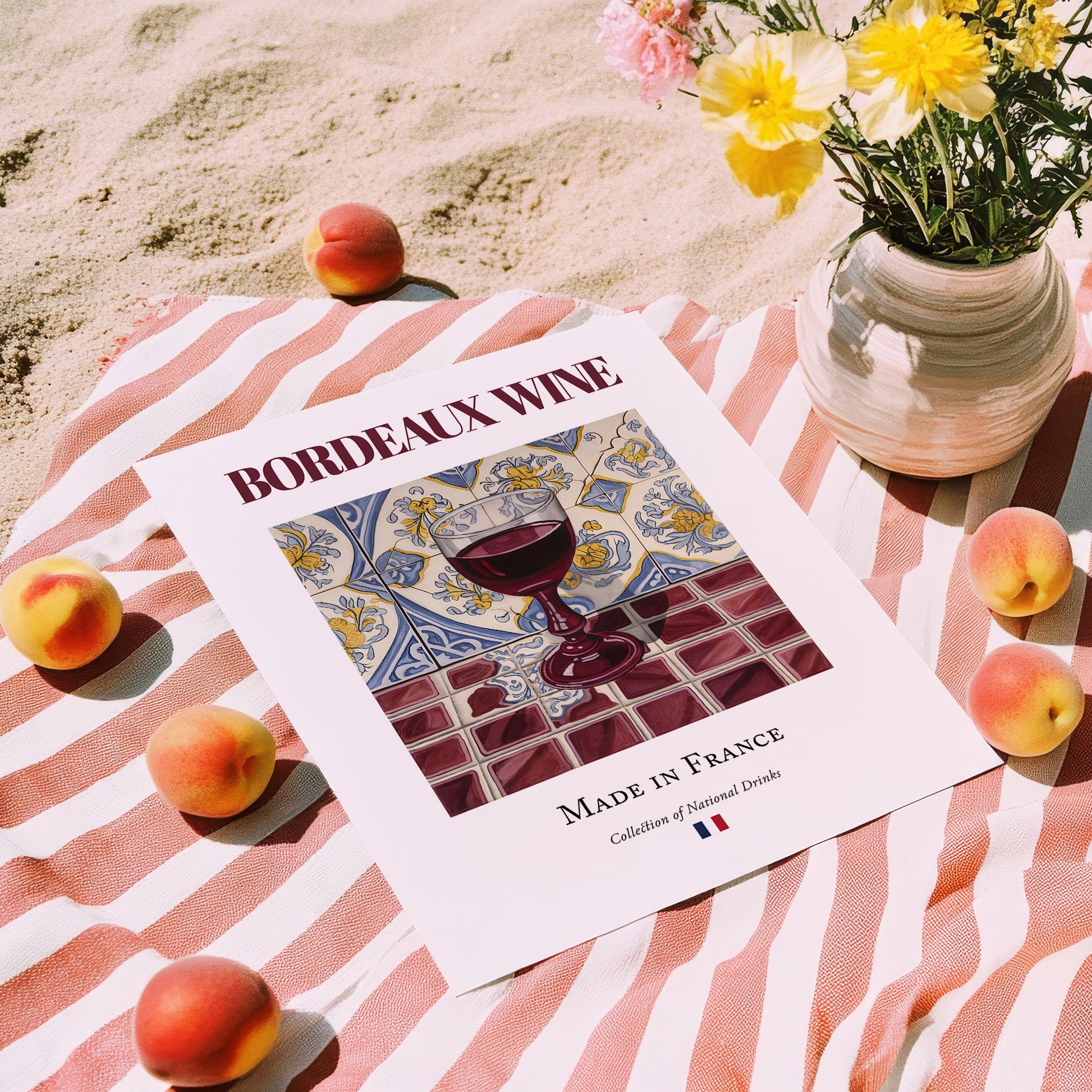 Bordeaux wine – French Red Wine, Wine Bar Wall Art, unframed on coastal sand