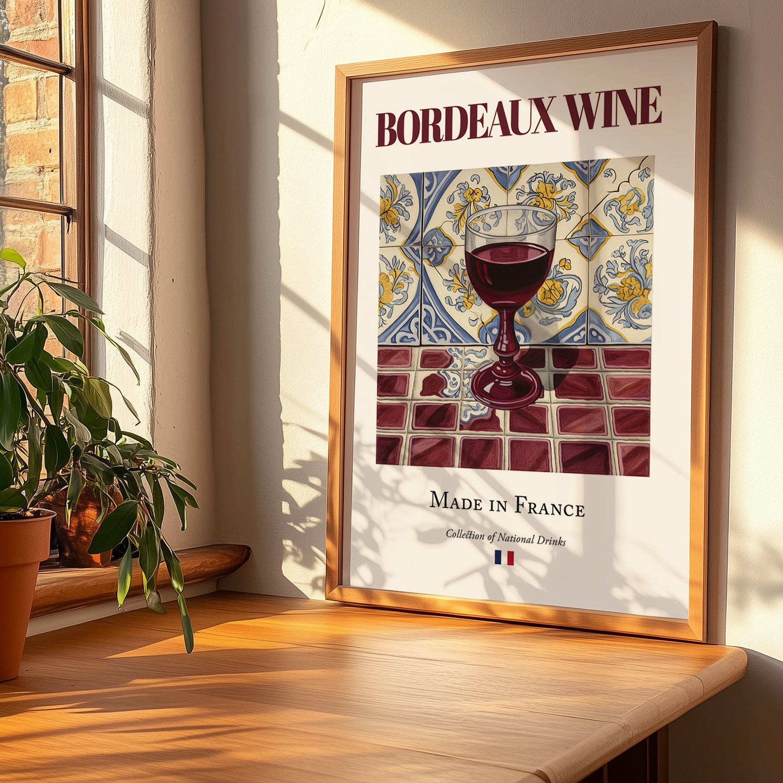 Bordeaux wine – French Red Wine, Wine Bar Wall Art, no-text version framed in wood