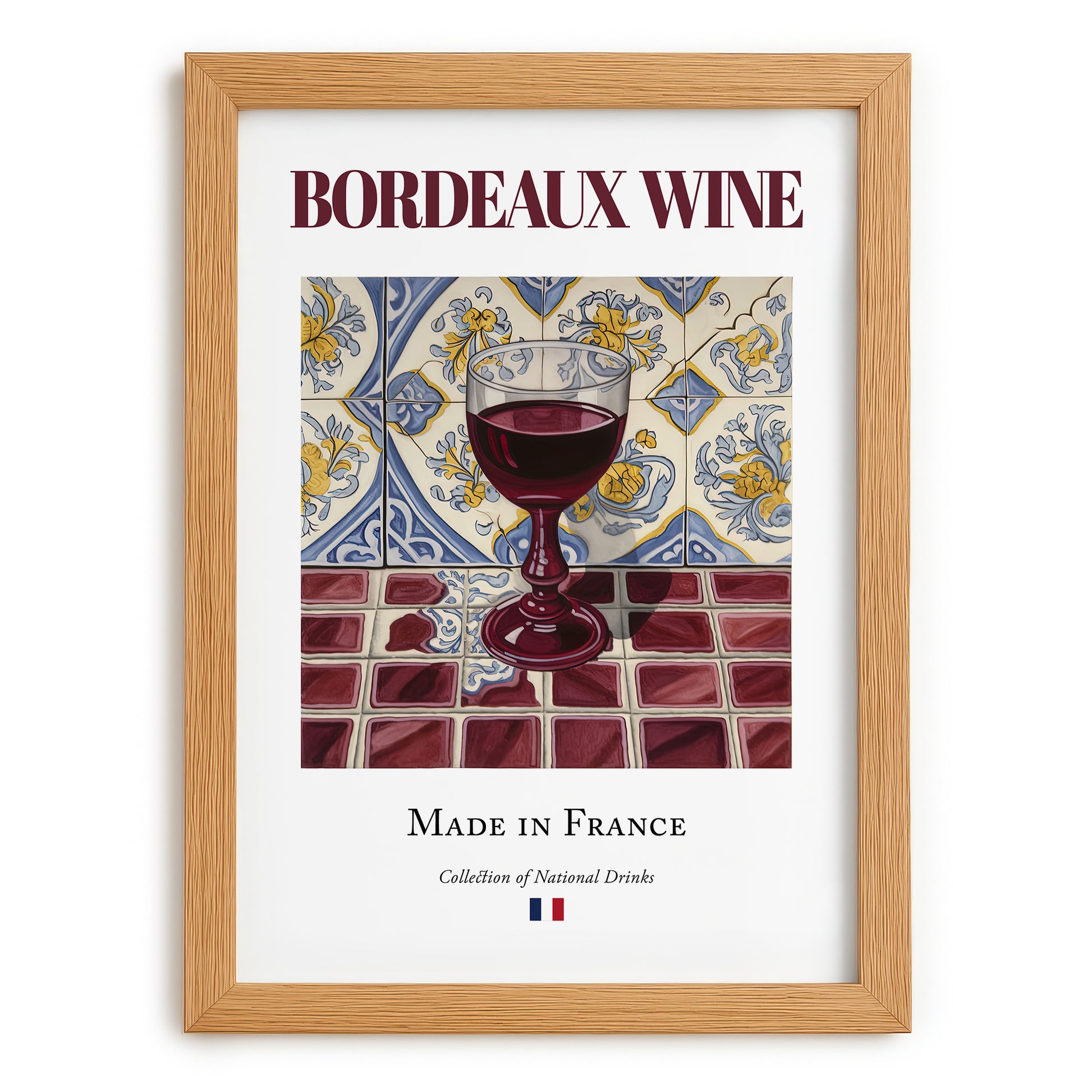 Bordeaux wine – French Red Wine, Wine Bar Wall Art, set in oak frame