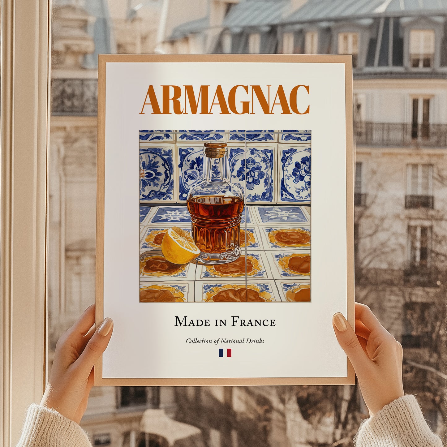 Armagnac – French Spirit Drink, Jazz Bar Poster, styled in a charming Paris street view