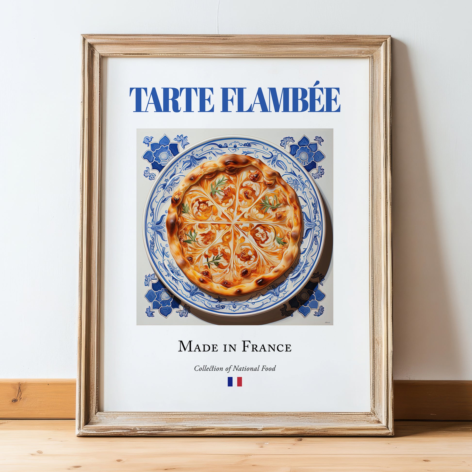 Tarte flambée – French Pastry Dish, Bistro Poster, in wooden frame leaning on the floor