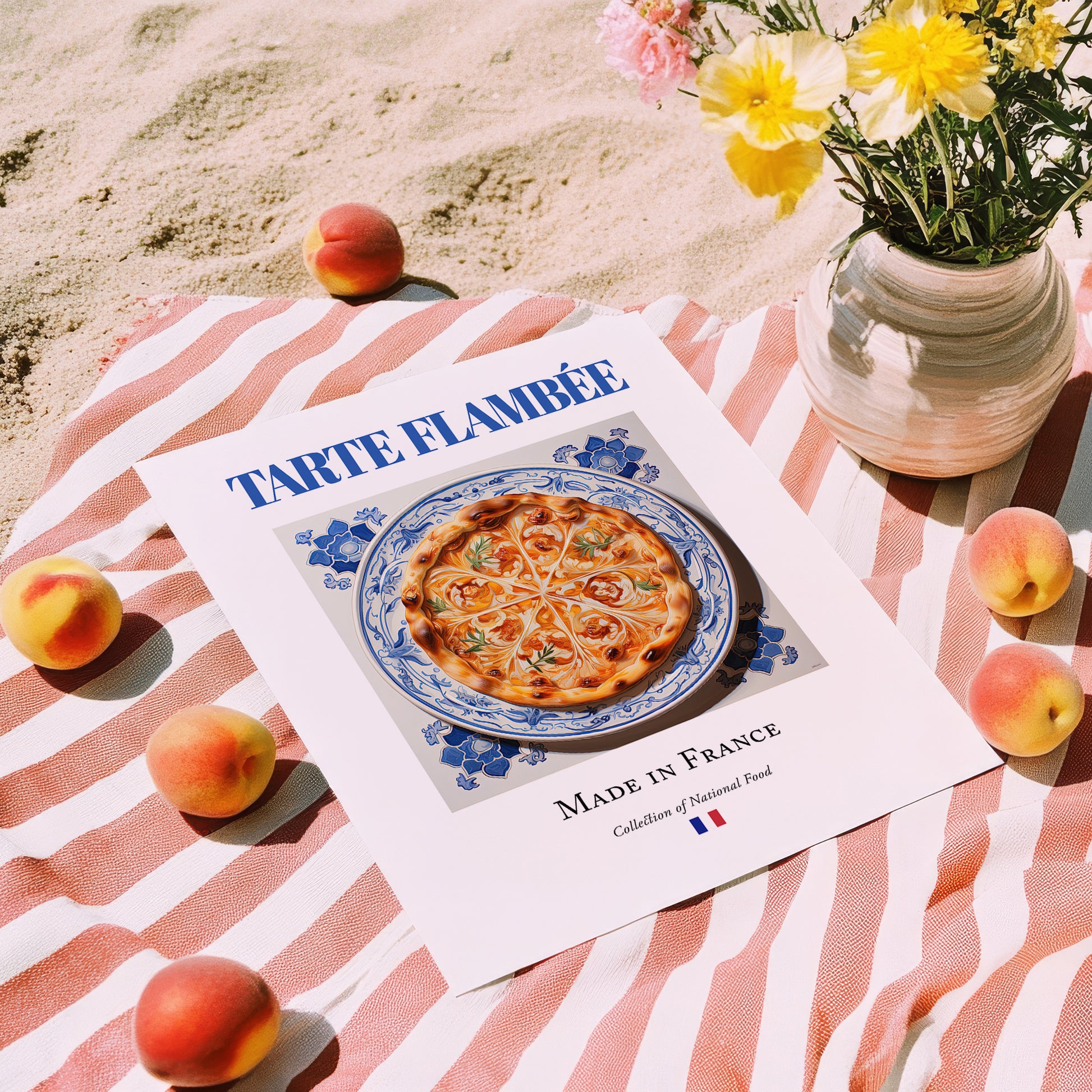 Tarte flambée – French Pastry Dish, Bistro Poster, unframed on coastal sand
