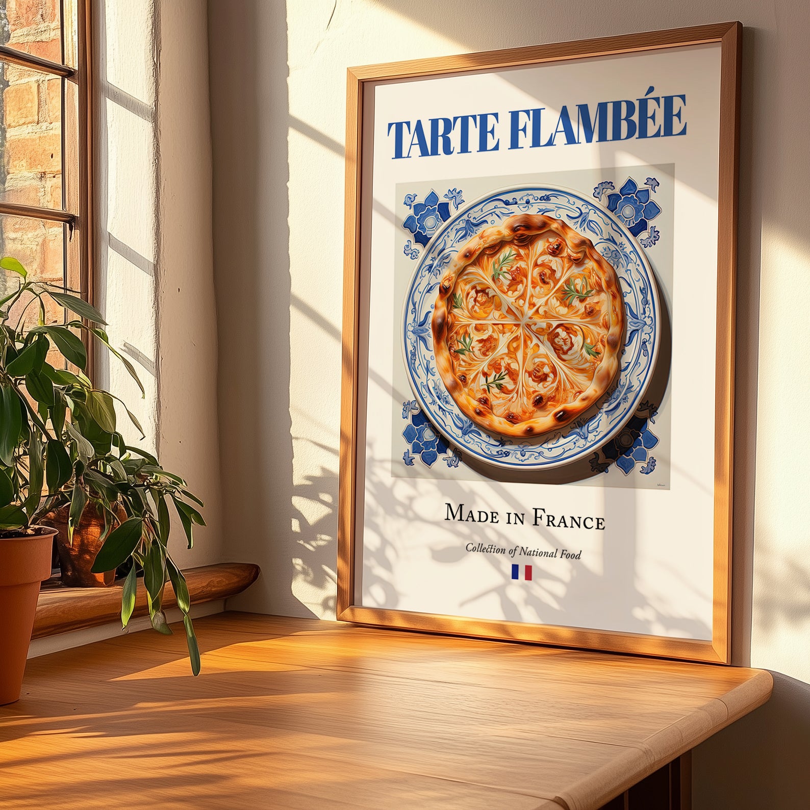 Tarte flambée – French Pastry Dish, Bistro Poster, no-text version framed in wood