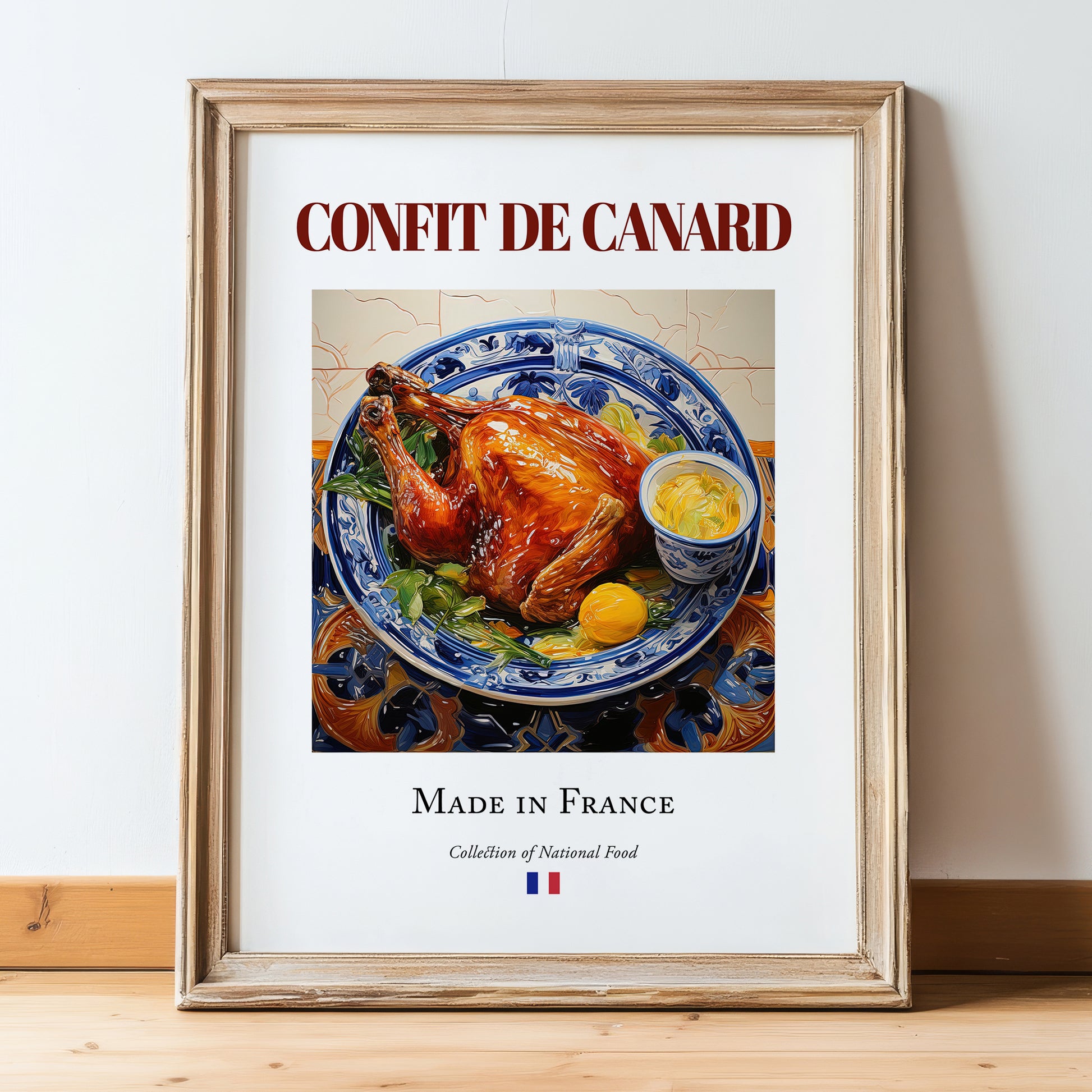 Confit de canard – French Meat Dish, Farmhouse Kitchen Wall Decor, in wooden frame leaning on the floor