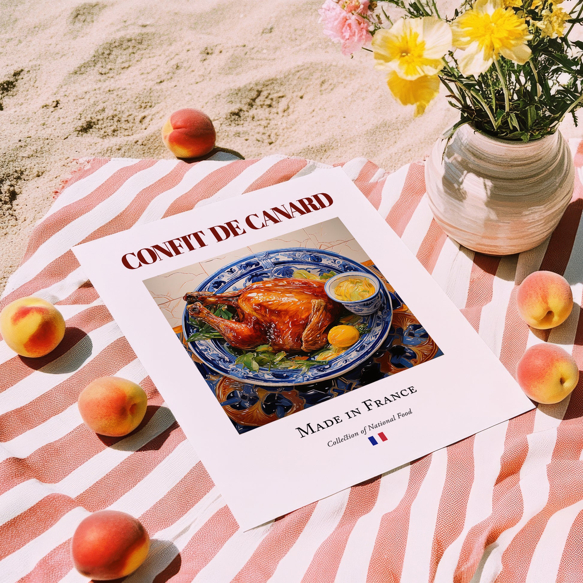 Confit de canard – French Meat Dish, Farmhouse Kitchen Wall Decor, unframed on coastal sand