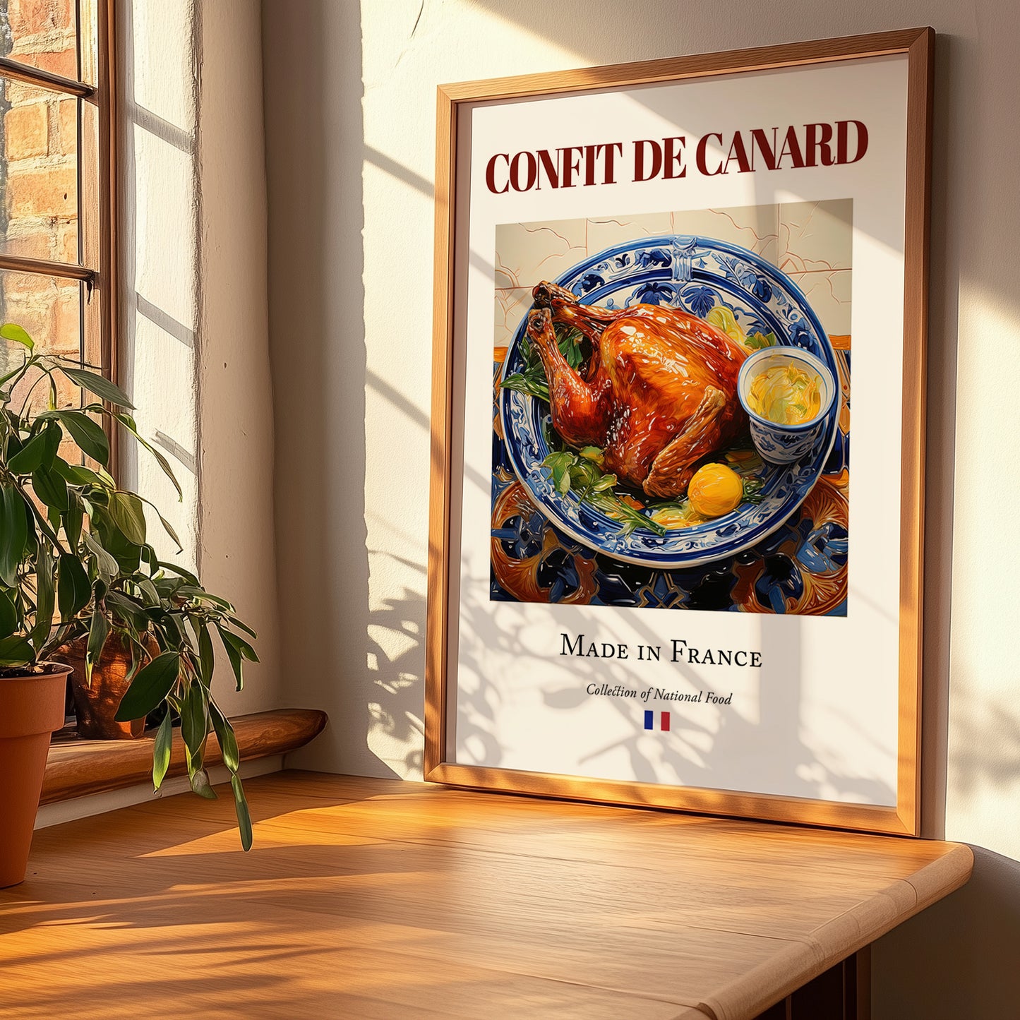 Confit de canard – French Meat Dish, Farmhouse Kitchen Wall Decor, no-text version framed in wood