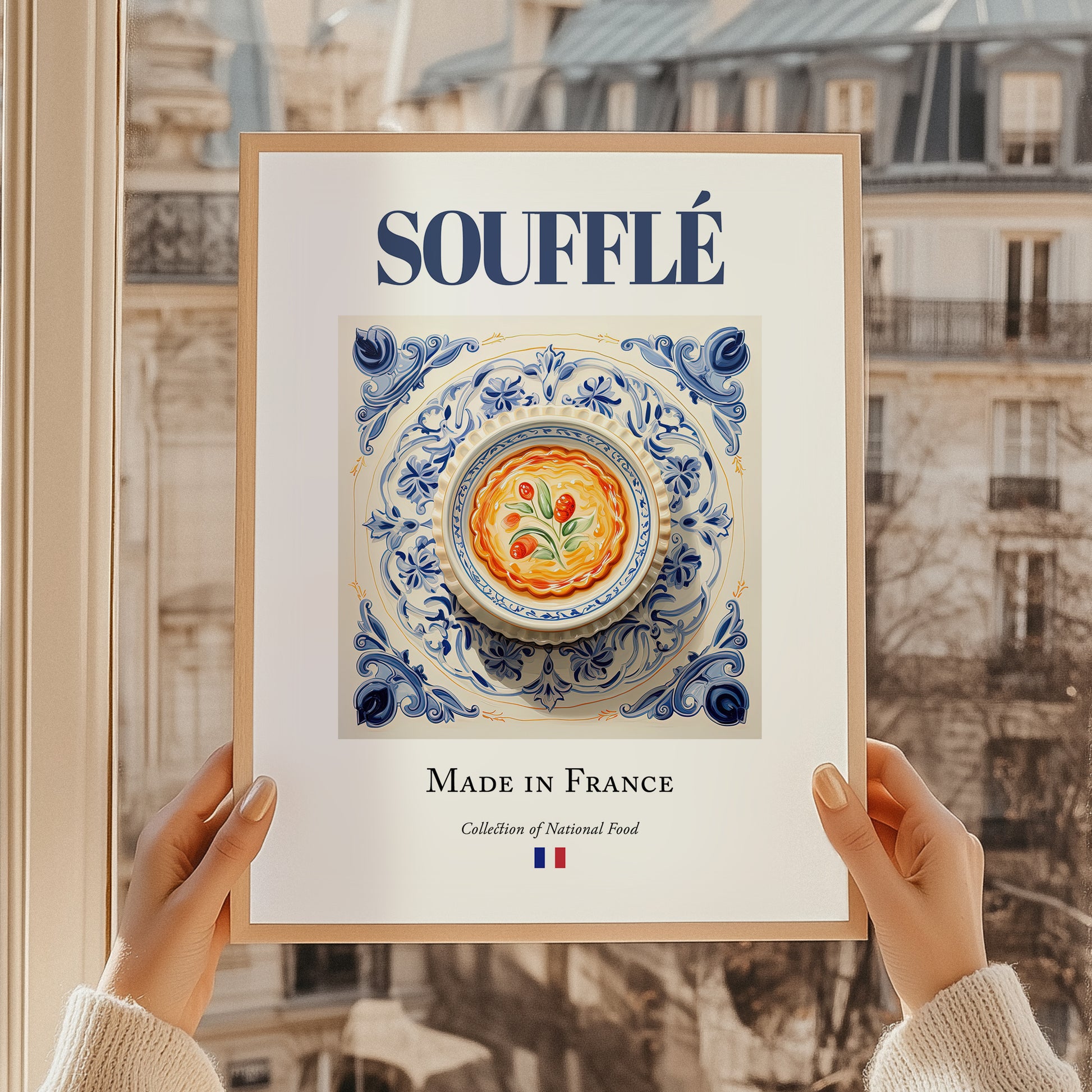 Soufflé – French Dish, Brasserie Print, styled in a charming Paris street view