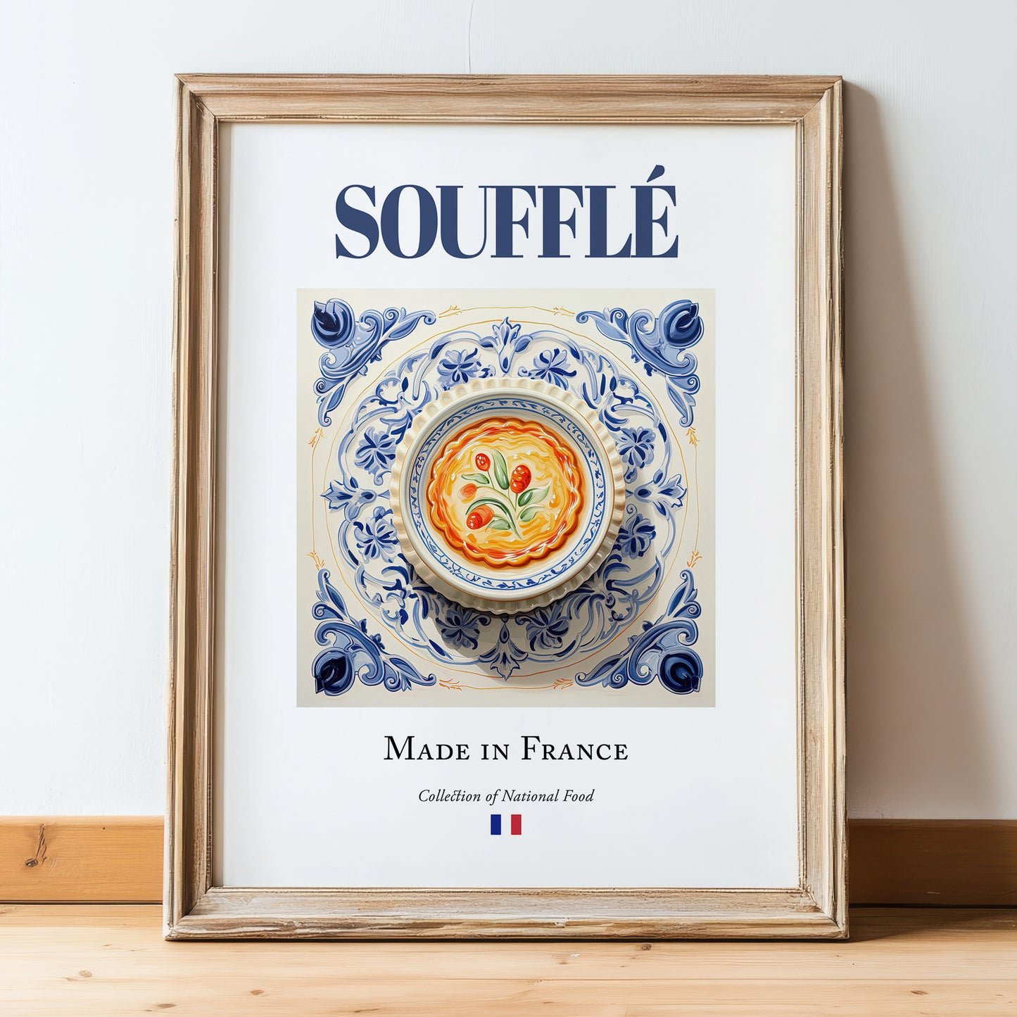 Soufflé – French Dish, Brasserie Print, in wooden frame leaning on the floor